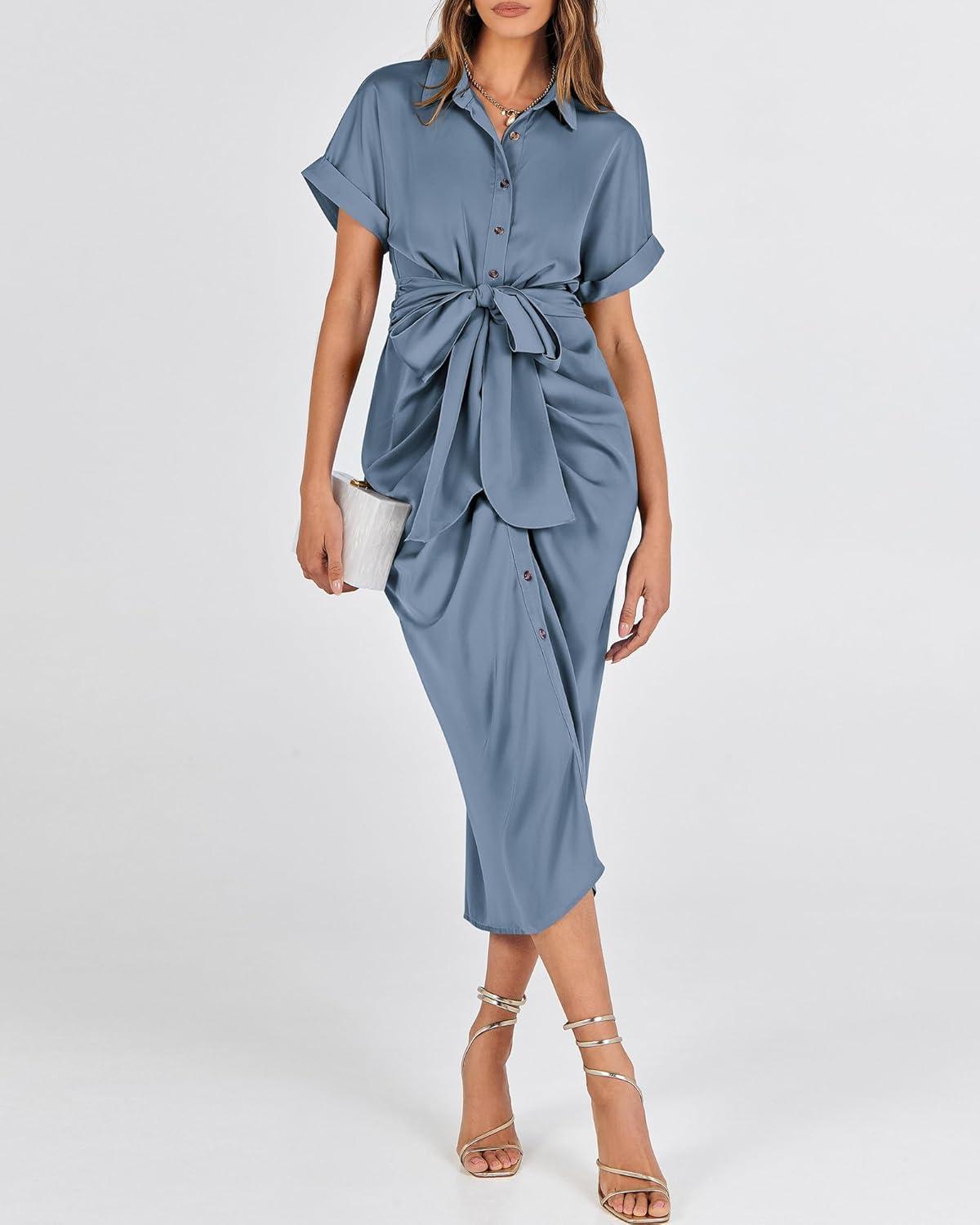 imageBTFBM Shirt Dresses for Women Button Down Short Sleeve Satin Ruched Maxi Spring Dress 2026 Cocktail Party Wedding GuestGrey Blue