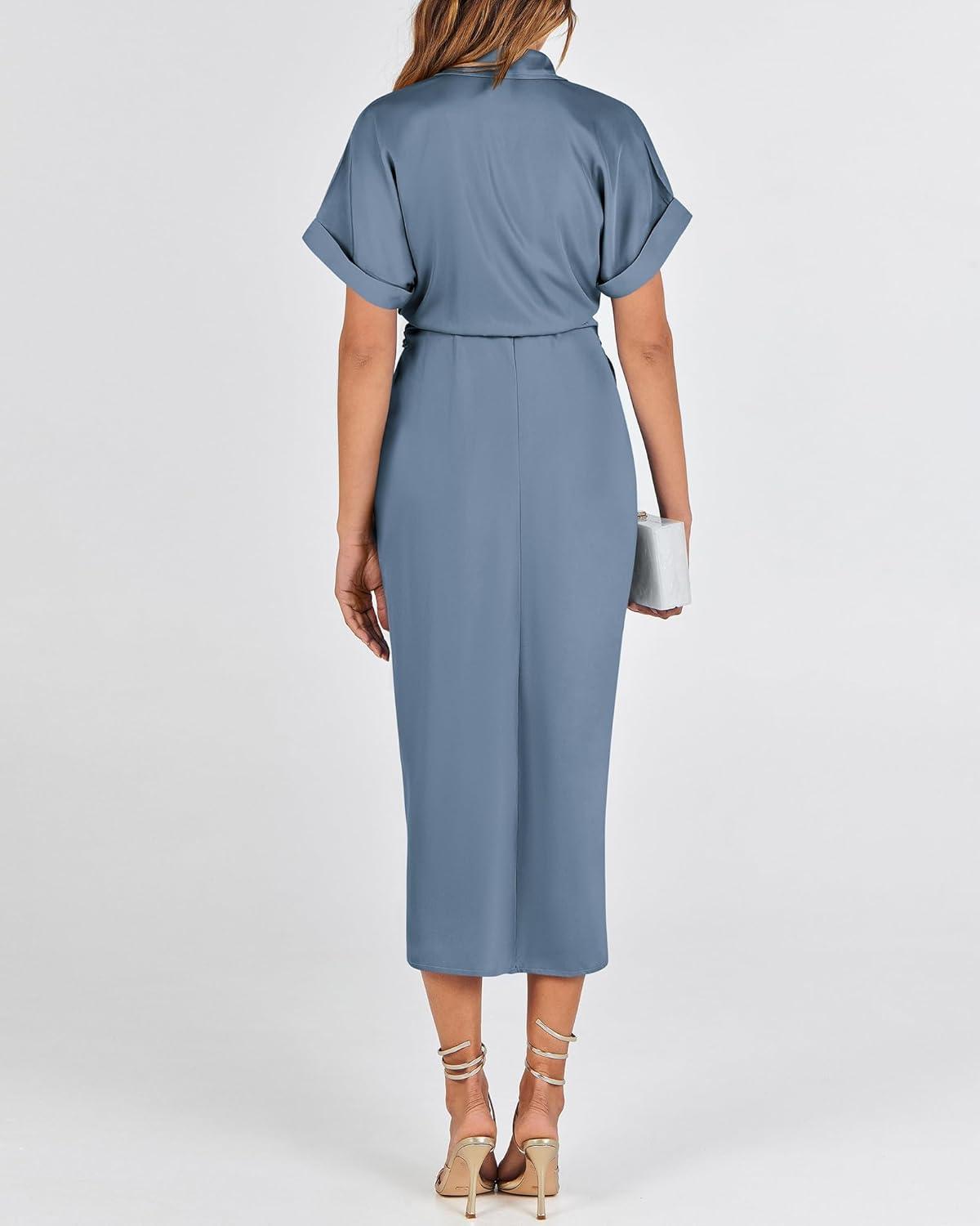 imageBTFBM Shirt Dresses for Women Button Down Short Sleeve Satin Ruched Maxi Spring Dress 2026 Cocktail Party Wedding GuestGrey Blue