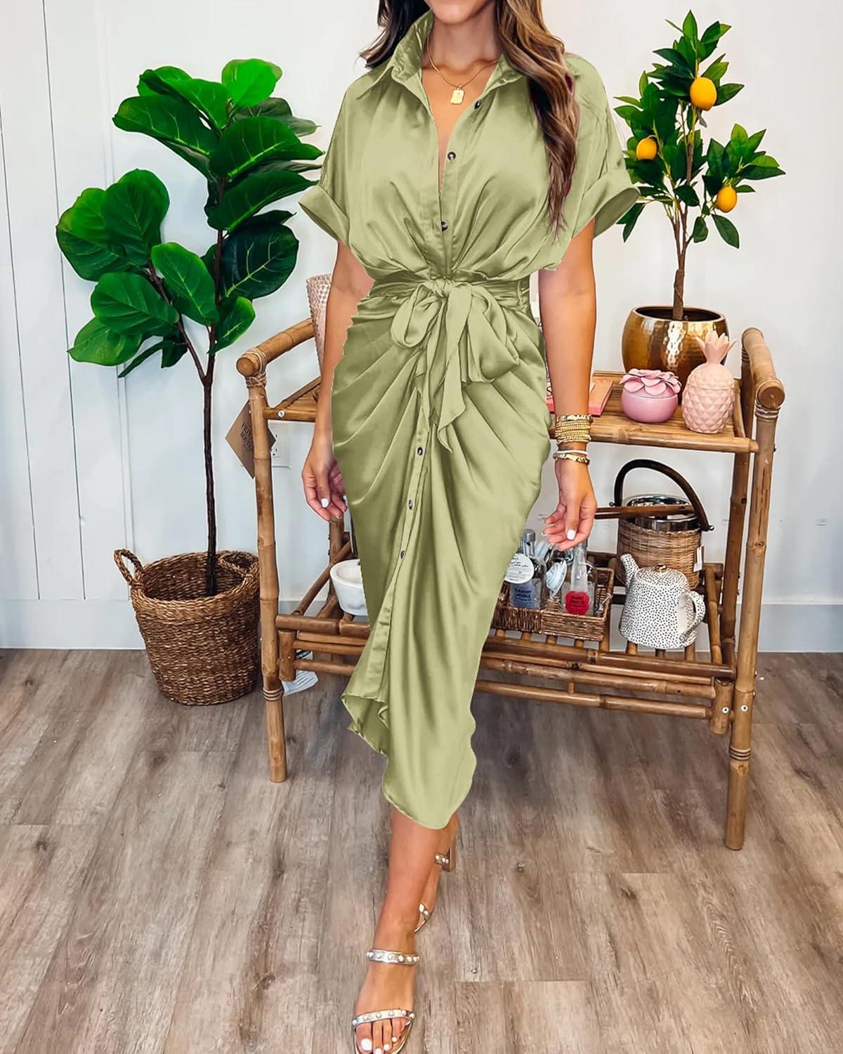 imageBTFBM Shirt Dresses for Women Button Down Short Sleeve Satin Ruched Maxi Spring Dress 2026 Cocktail Party Wedding GuestLight Green