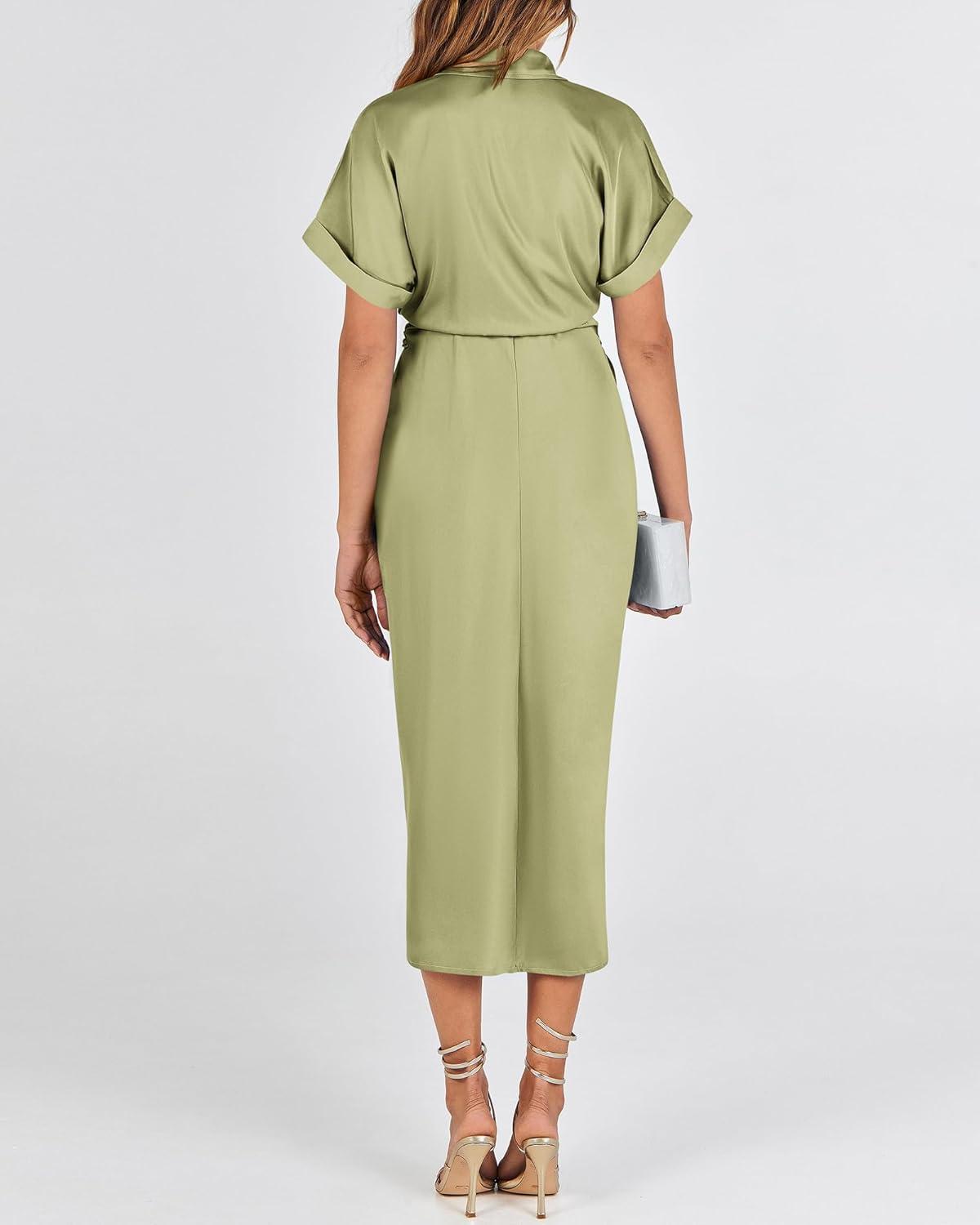 imageBTFBM Shirt Dresses for Women Button Down Short Sleeve Satin Ruched Maxi Spring Dress 2026 Cocktail Party Wedding GuestLight Green