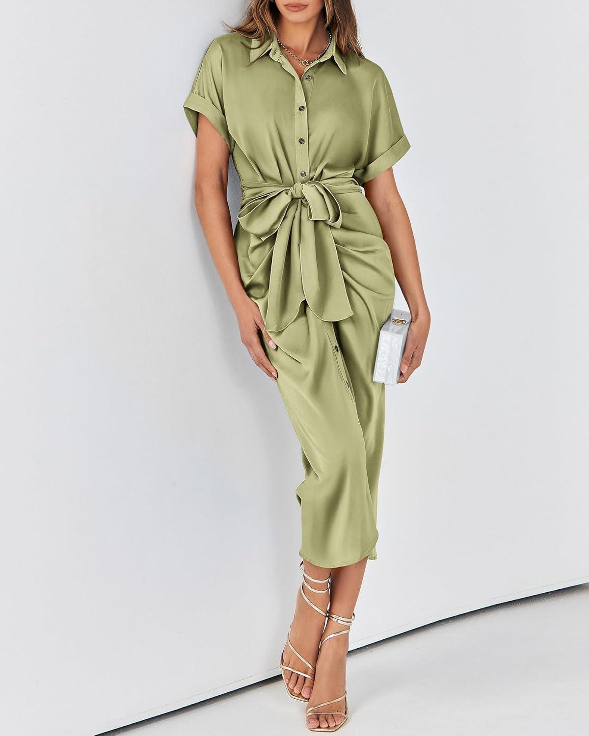 imageBTFBM Shirt Dresses for Women Button Down Short Sleeve Satin Ruched Maxi Spring Dress 2026 Cocktail Party Wedding GuestLight Green