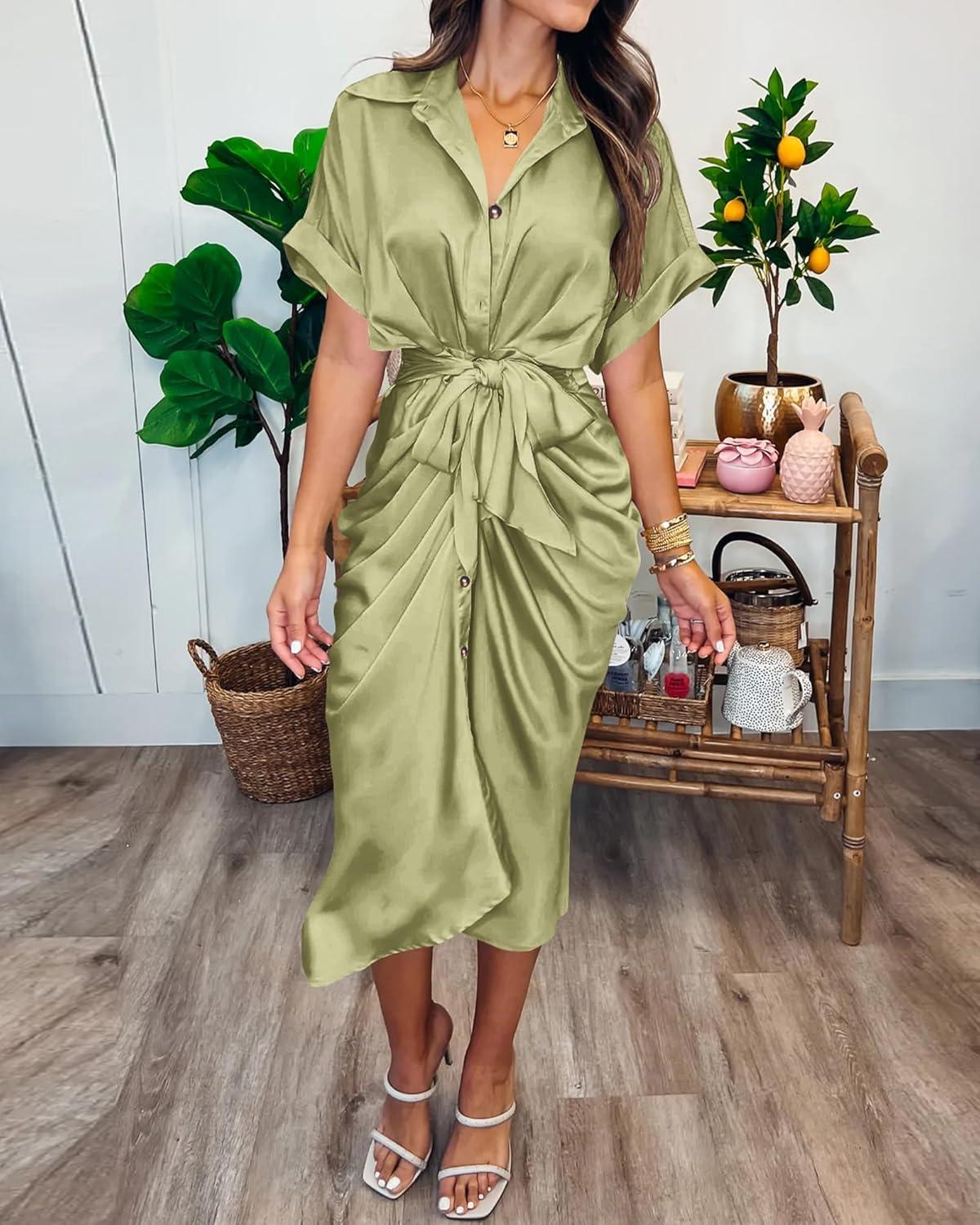 imageBTFBM Shirt Dresses for Women Button Down Short Sleeve Satin Ruched Maxi Spring Dress 2026 Cocktail Party Wedding GuestLight Green