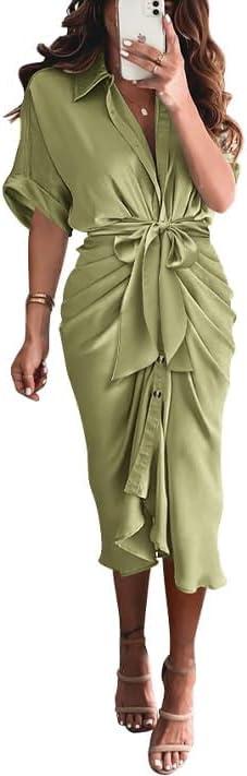 imageBTFBM Shirt Dresses for Women Button Down Short Sleeve Satin Ruched Maxi Spring Dress 2026 Cocktail Party Wedding GuestLight Green