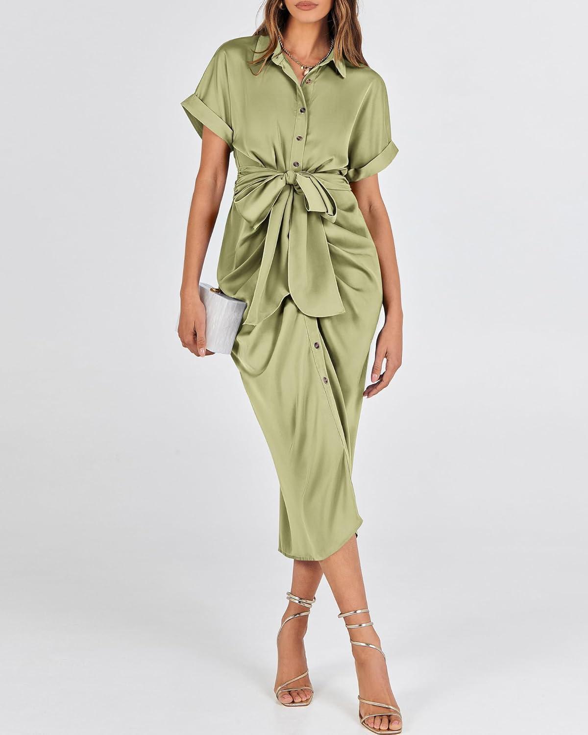 imageBTFBM Shirt Dresses for Women Button Down Short Sleeve Satin Ruched Maxi Spring Dress 2026 Cocktail Party Wedding GuestLight Green