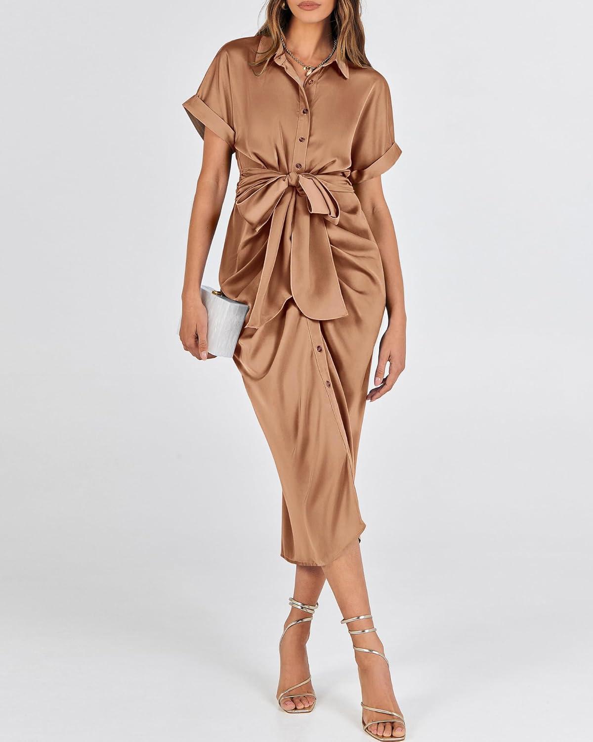 imageBTFBM Shirt Dresses for Women Button Down Short Sleeve Satin Ruched Maxi Spring Dress 2026 Cocktail Party Wedding GuestLight Red Khaki