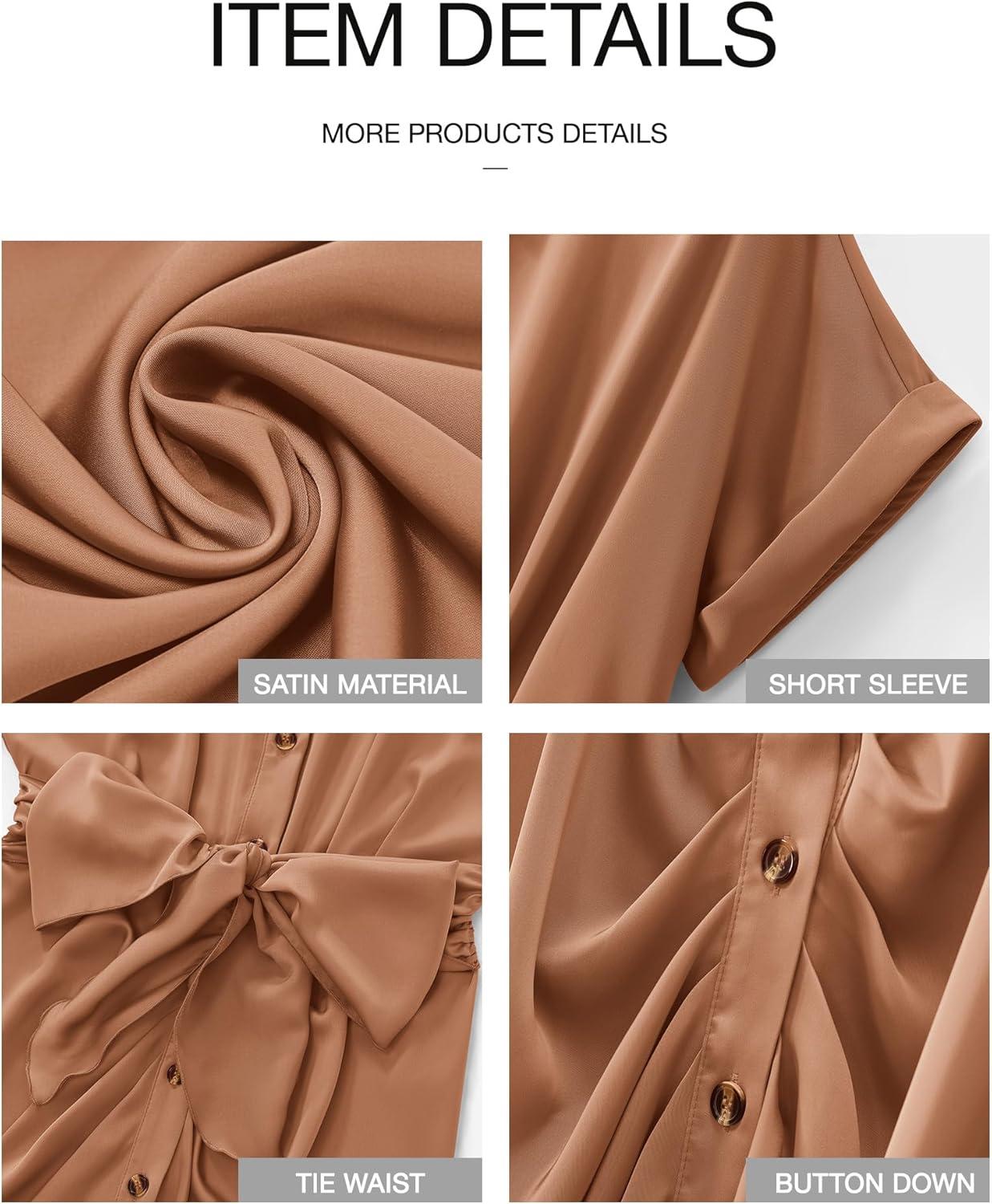 imageBTFBM Shirt Dresses for Women Button Down Short Sleeve Satin Ruched Maxi Spring Dress 2026 Cocktail Party Wedding GuestLight Red Khaki