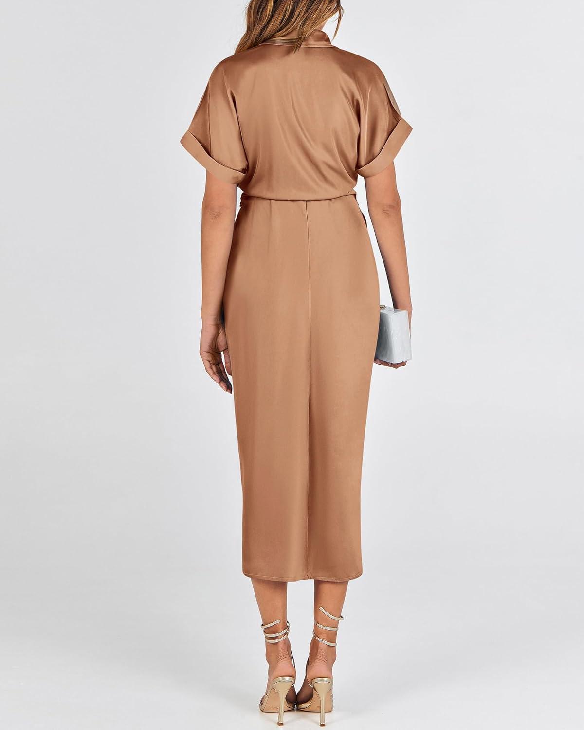 imageBTFBM Shirt Dresses for Women Button Down Short Sleeve Satin Ruched Maxi Spring Dress 2026 Cocktail Party Wedding GuestLight Red Khaki