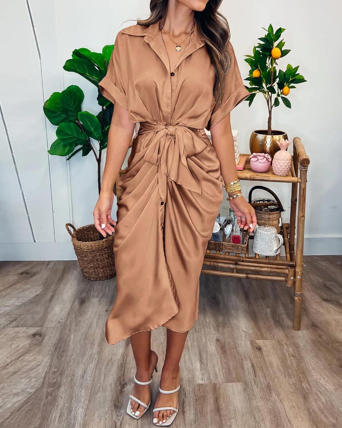 imageBTFBM Shirt Dresses for Women Button Down Short Sleeve Satin Ruched Maxi Spring Dress 2026 Cocktail Party Wedding GuestLight Red Khaki