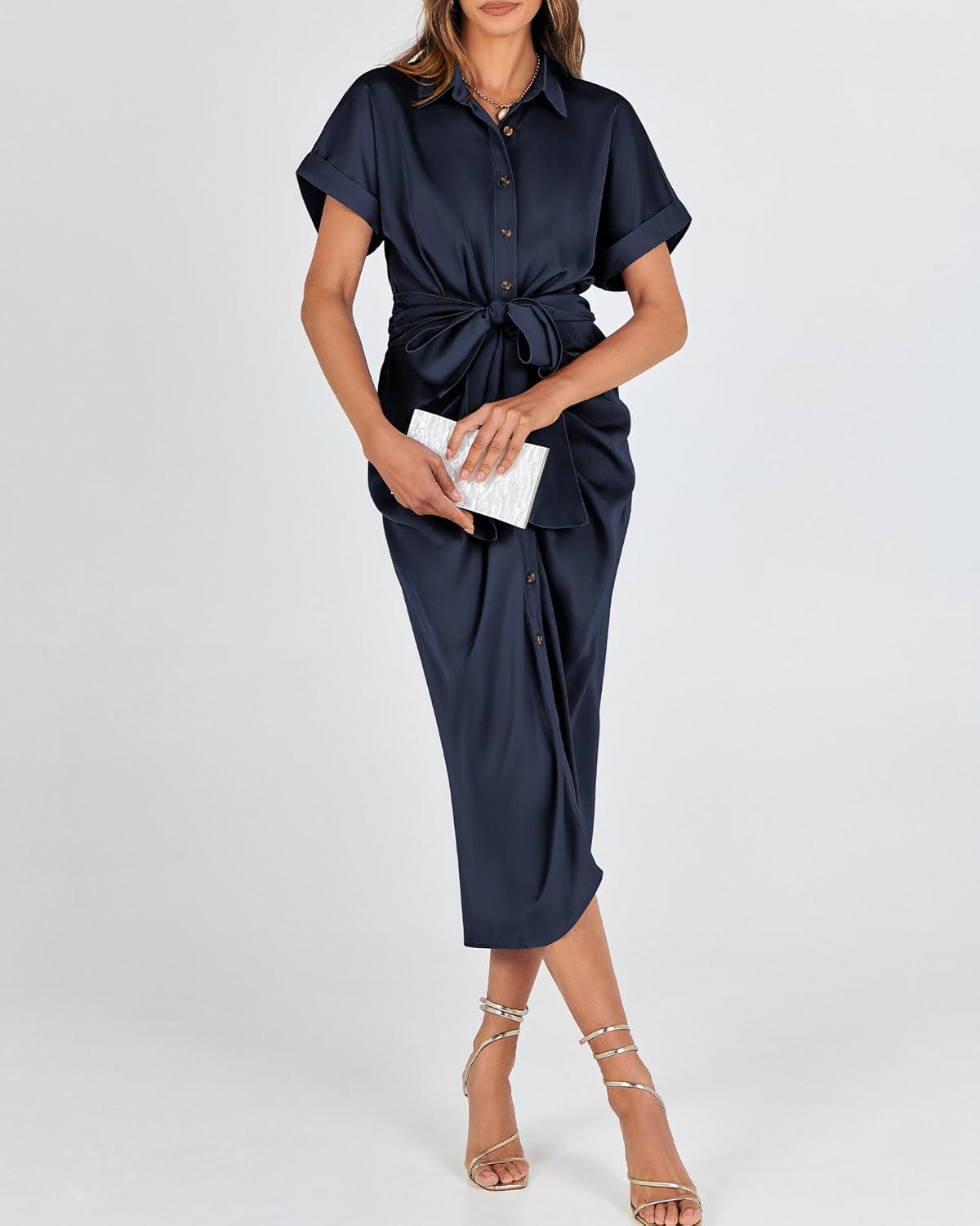 imageBTFBM Shirt Dresses for Women Button Down Short Sleeve Satin Ruched Maxi Spring Dress 2026 Cocktail Party Wedding GuestNavy