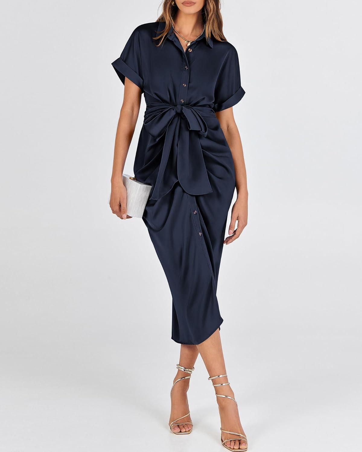 imageBTFBM Shirt Dresses for Women Button Down Short Sleeve Satin Ruched Maxi Spring Dress 2026 Cocktail Party Wedding GuestNavy