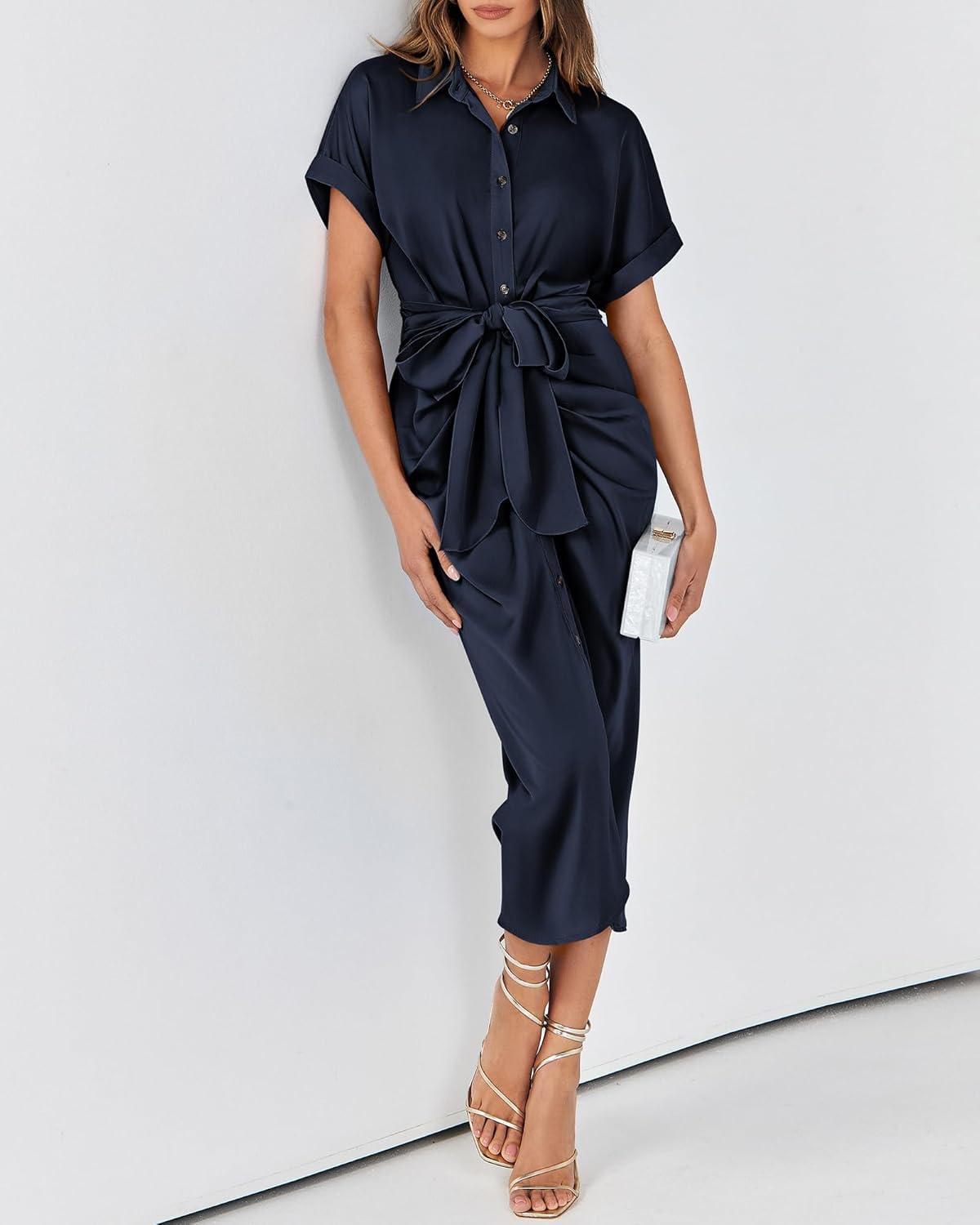 imageBTFBM Shirt Dresses for Women Button Down Short Sleeve Satin Ruched Maxi Spring Dress 2026 Cocktail Party Wedding GuestNavy