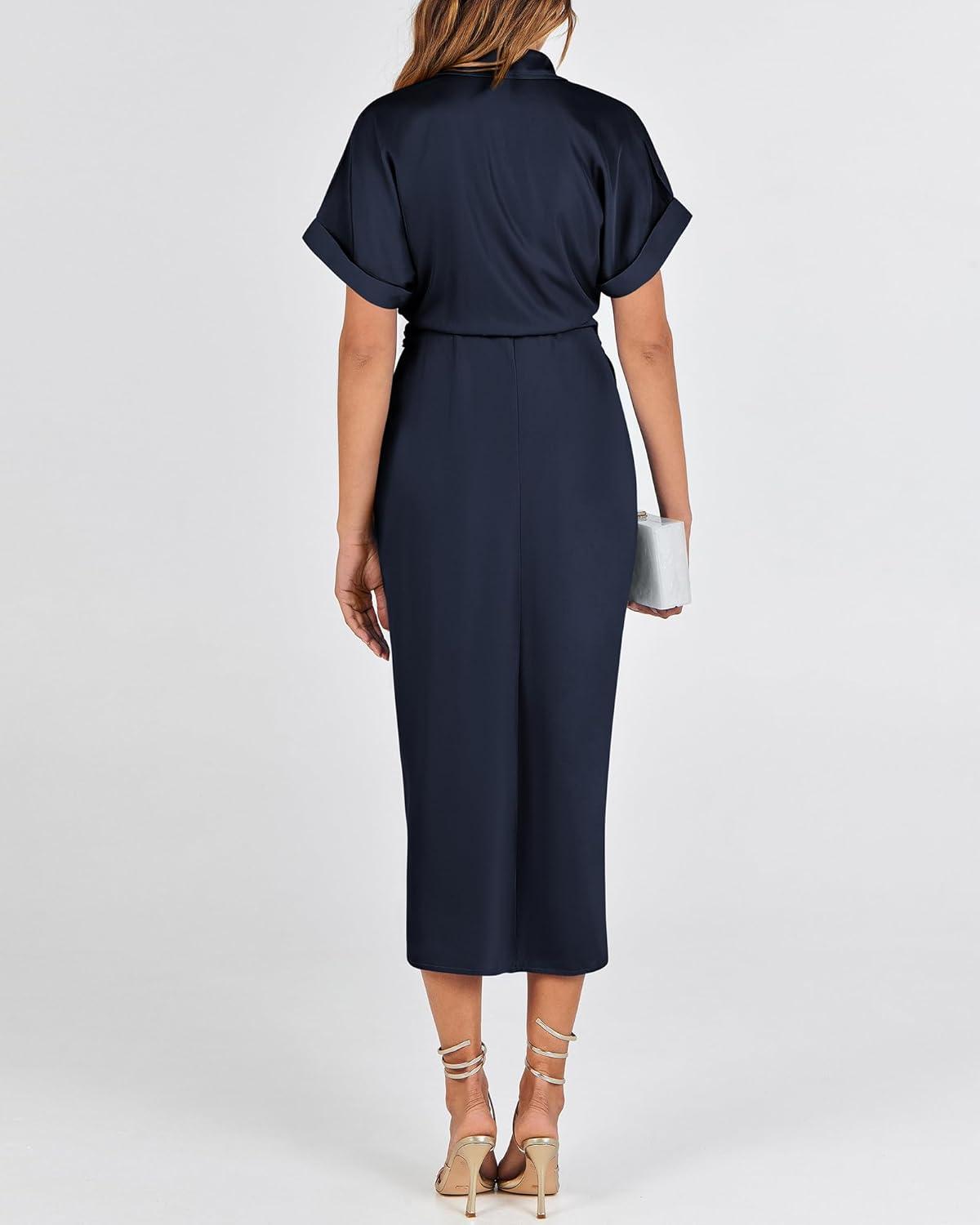 imageBTFBM Shirt Dresses for Women Button Down Short Sleeve Satin Ruched Maxi Spring Dress 2026 Cocktail Party Wedding GuestNavy