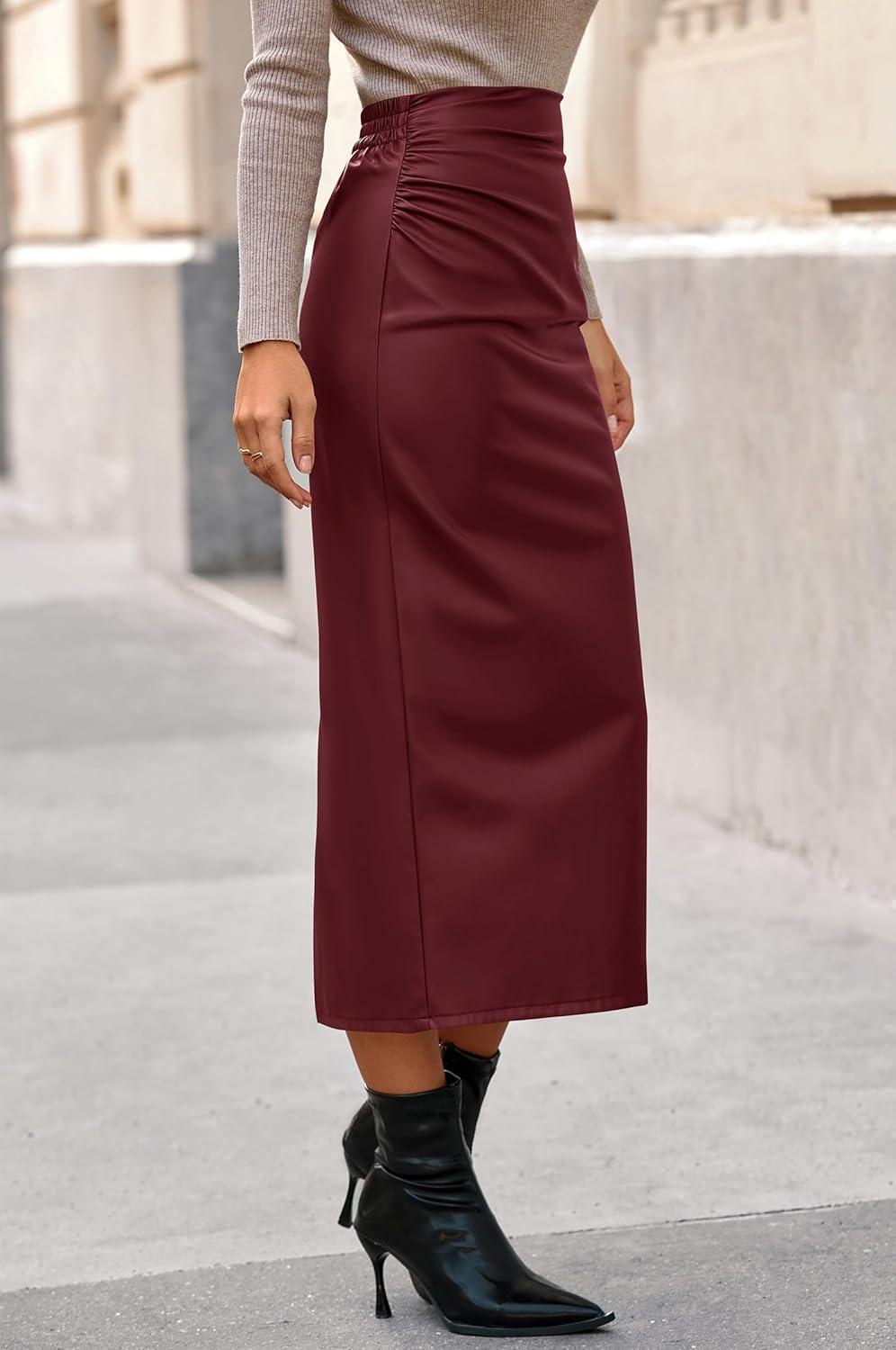 imageBTFBM Skirts for Women Trendy Fall 2025 Elastic Waist Ruched Bodycon Slit Pencil Midi Leather Skirt Bussiness CasualBurgundy