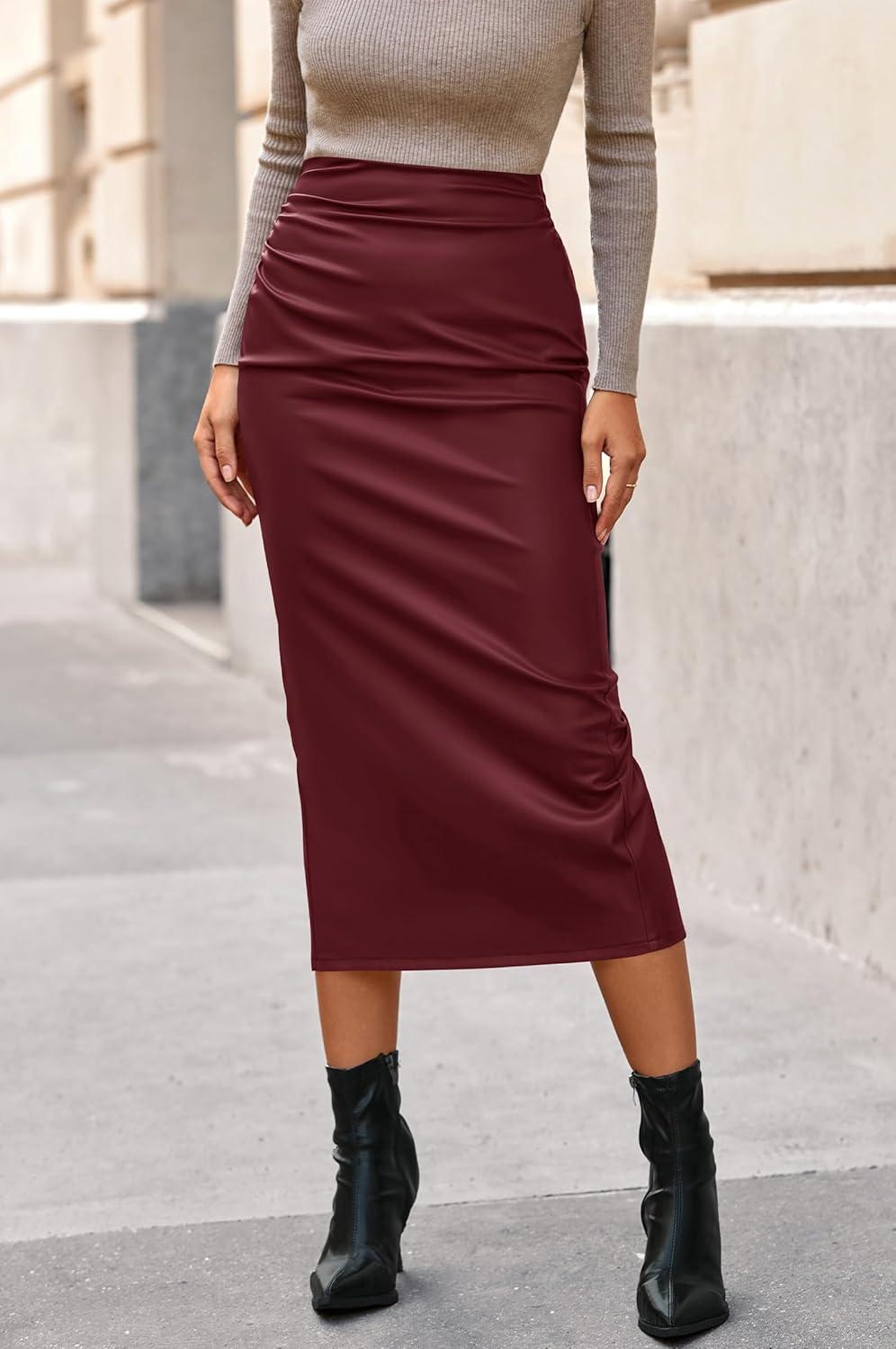 imageBTFBM Skirts for Women Trendy Fall 2025 Elastic Waist Ruched Bodycon Slit Pencil Midi Leather Skirt Bussiness CasualBurgundy