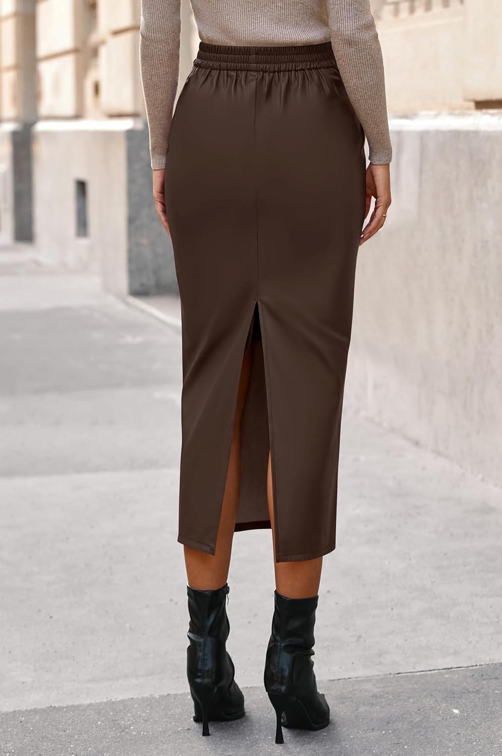 imageBTFBM Skirts for Women Trendy Fall 2025 Elastic Waist Ruched Bodycon Slit Pencil Midi Leather Skirt Bussiness CasualCoffee