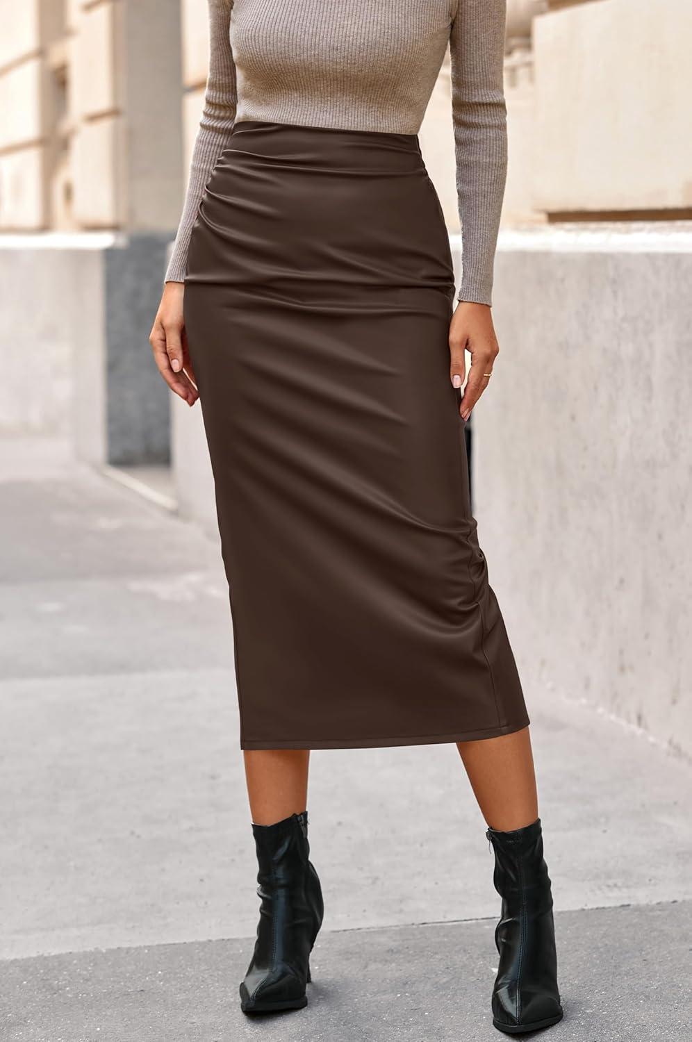 imageBTFBM Skirts for Women Trendy Fall 2025 Elastic Waist Ruched Bodycon Slit Pencil Midi Leather Skirt Bussiness CasualCoffee