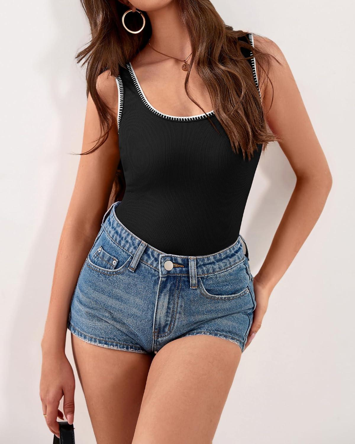 imageBTFBM Sleeveless Tops for Women 2026 Summer Scoop Neck Tank Stitch Ribbed Knit Sweater Vest Casual Beach Vacation OutfitBlack