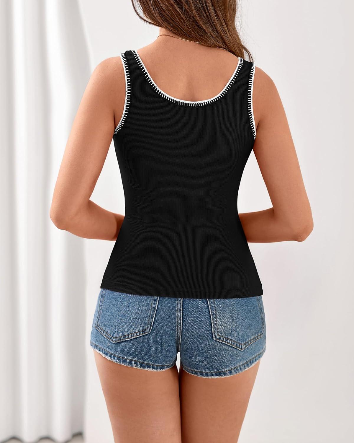 imageBTFBM Sleeveless Tops for Women 2026 Summer Scoop Neck Tank Stitch Ribbed Knit Sweater Vest Casual Beach Vacation OutfitBlack