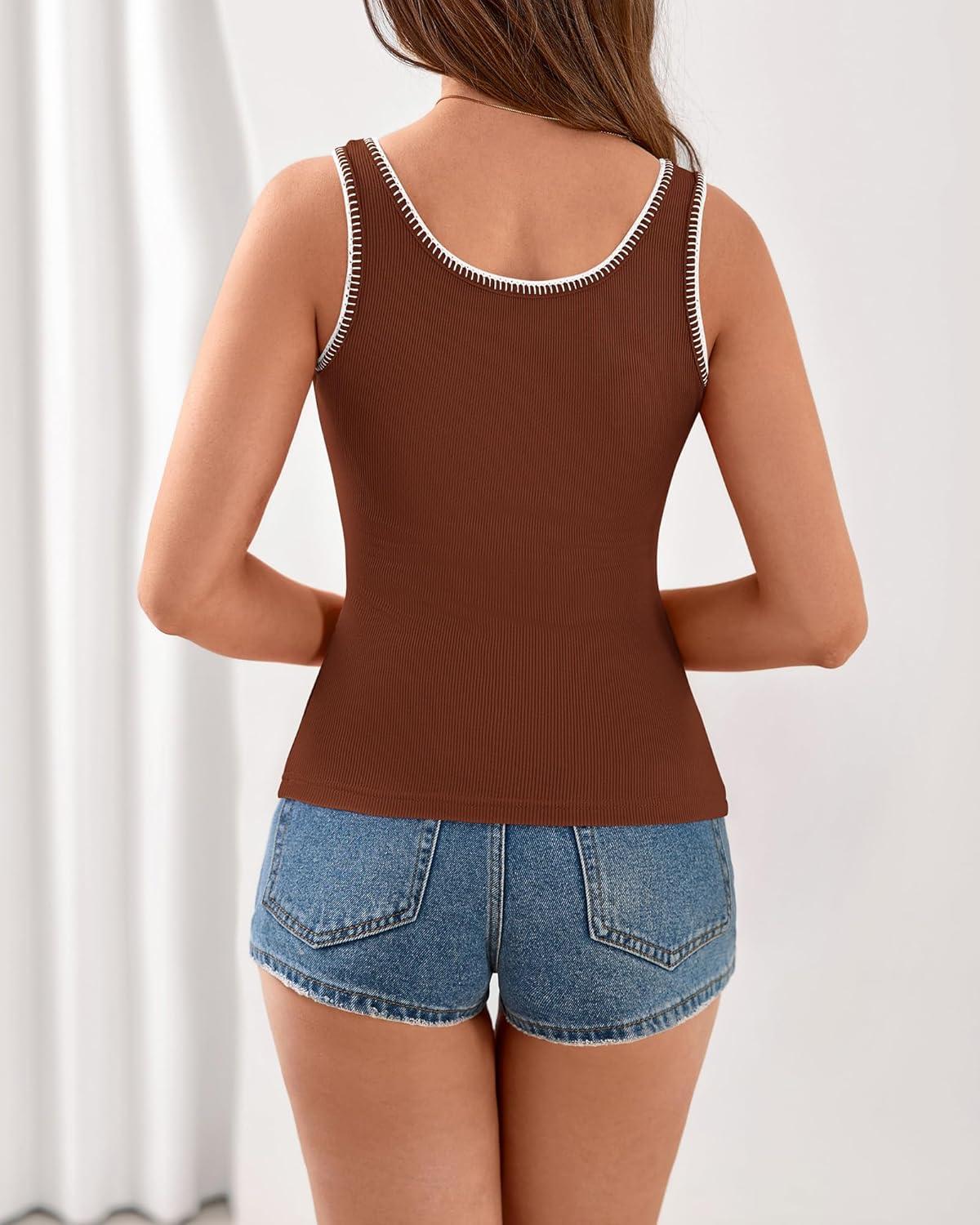 imageBTFBM Sleeveless Tops for Women 2026 Summer Scoop Neck Tank Stitch Ribbed Knit Sweater Vest Casual Beach Vacation OutfitBrick Red