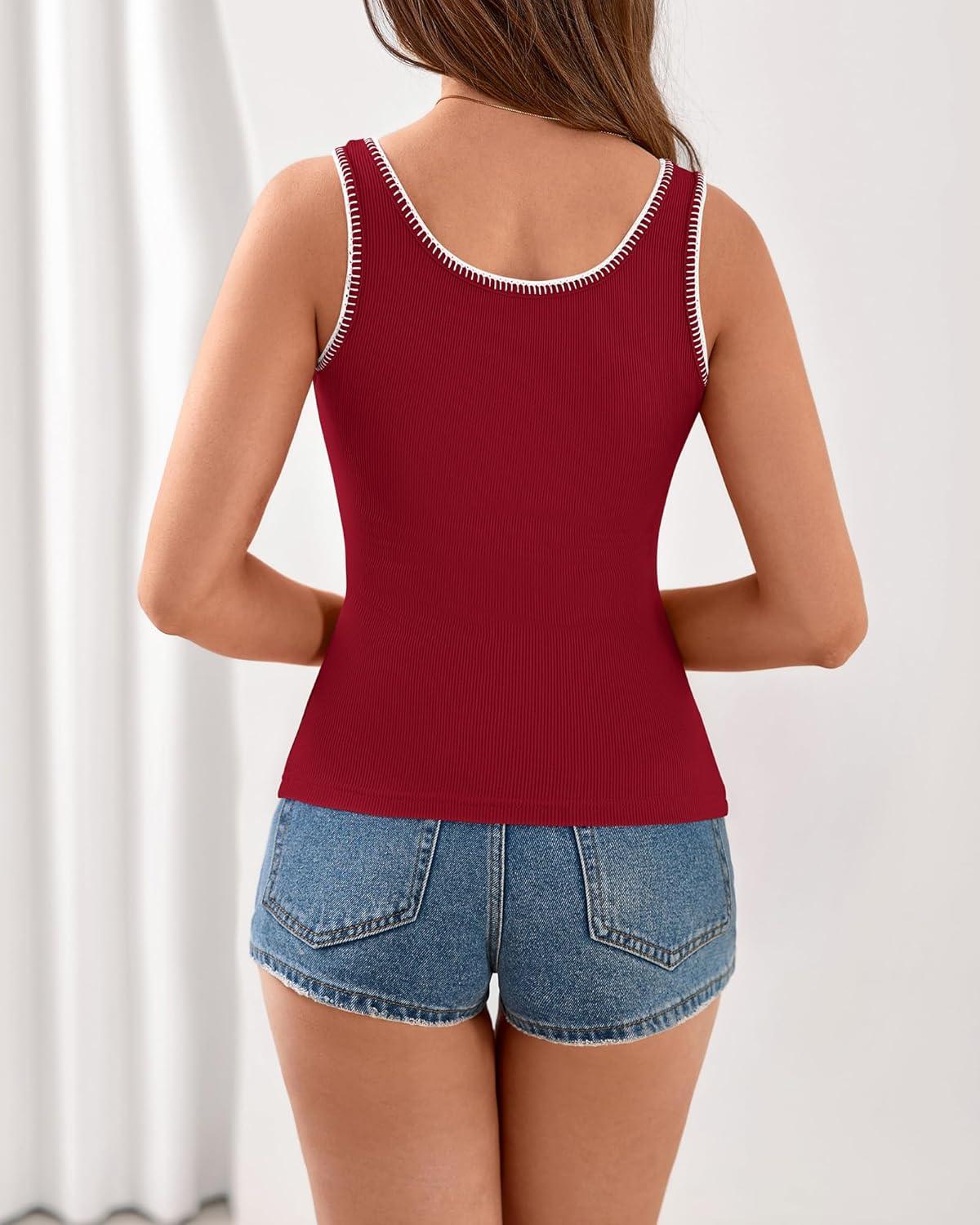 imageBTFBM Sleeveless Tops for Women 2026 Summer Scoop Neck Tank Stitch Ribbed Knit Sweater Vest Casual Beach Vacation OutfitRed