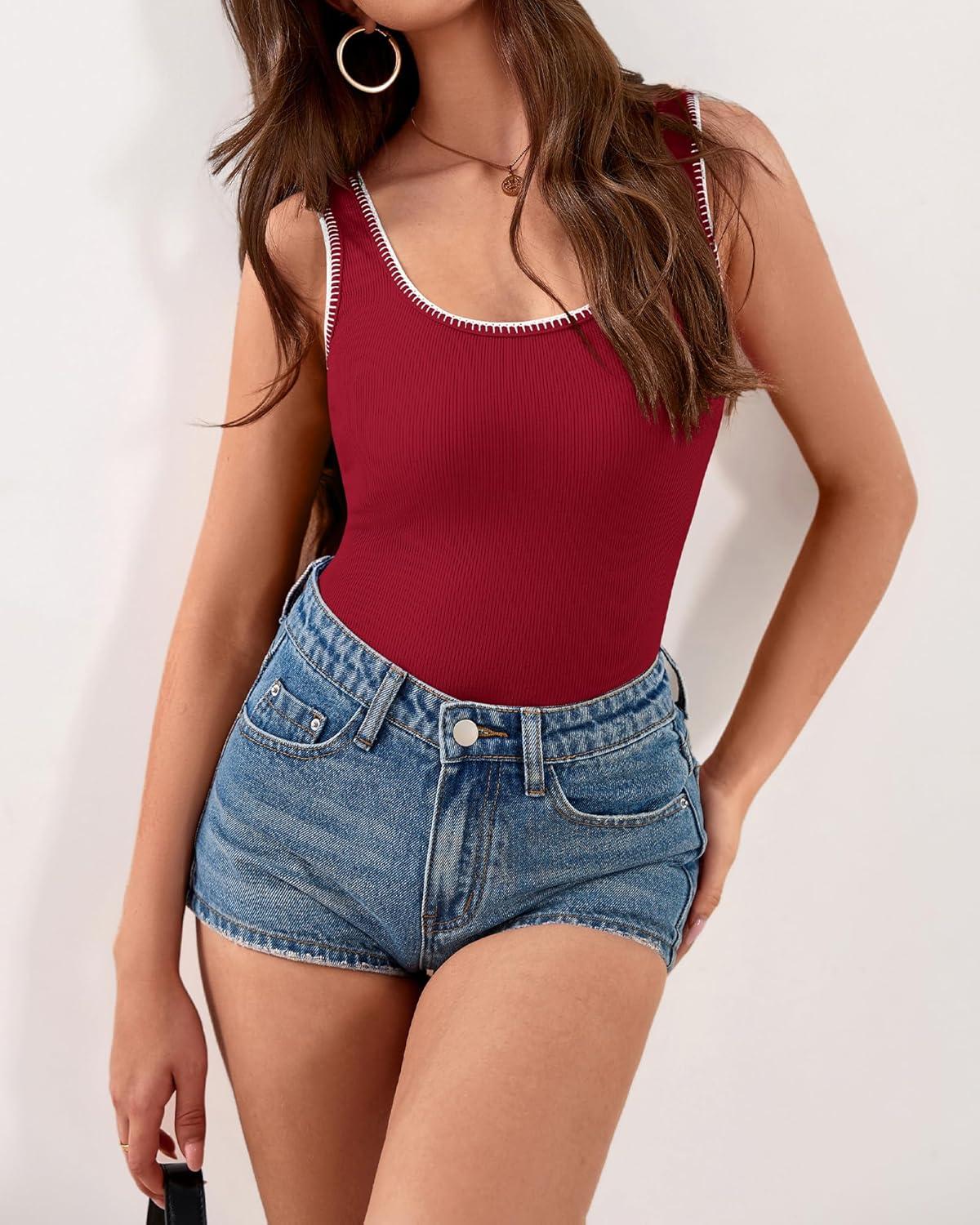 imageBTFBM Sleeveless Tops for Women 2026 Summer Scoop Neck Tank Stitch Ribbed Knit Sweater Vest Casual Beach Vacation OutfitRed