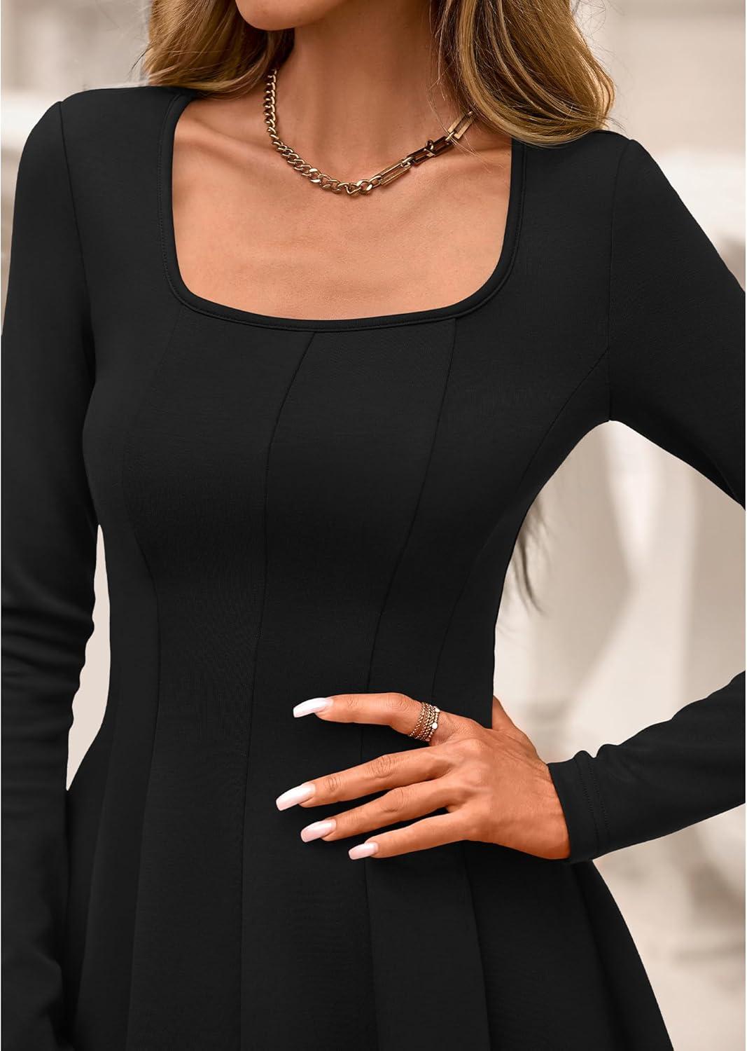 imageBTFBM Square Neck Dress for Women Casual Spring Long Sleeve Knit Pleated Elegant Classy 2026 Fall Cocktail Mini DressesBlack