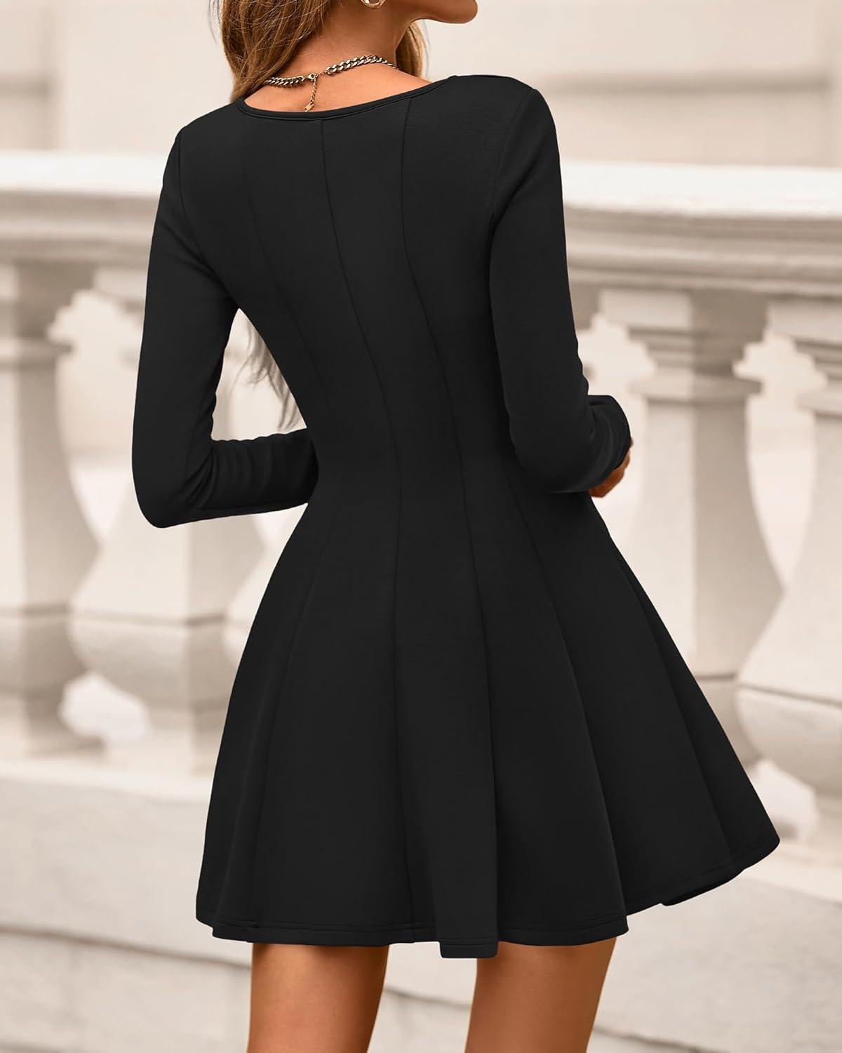 imageBTFBM Square Neck Dress for Women Casual Spring Long Sleeve Knit Pleated Elegant Classy 2026 Fall Cocktail Mini DressesBlack