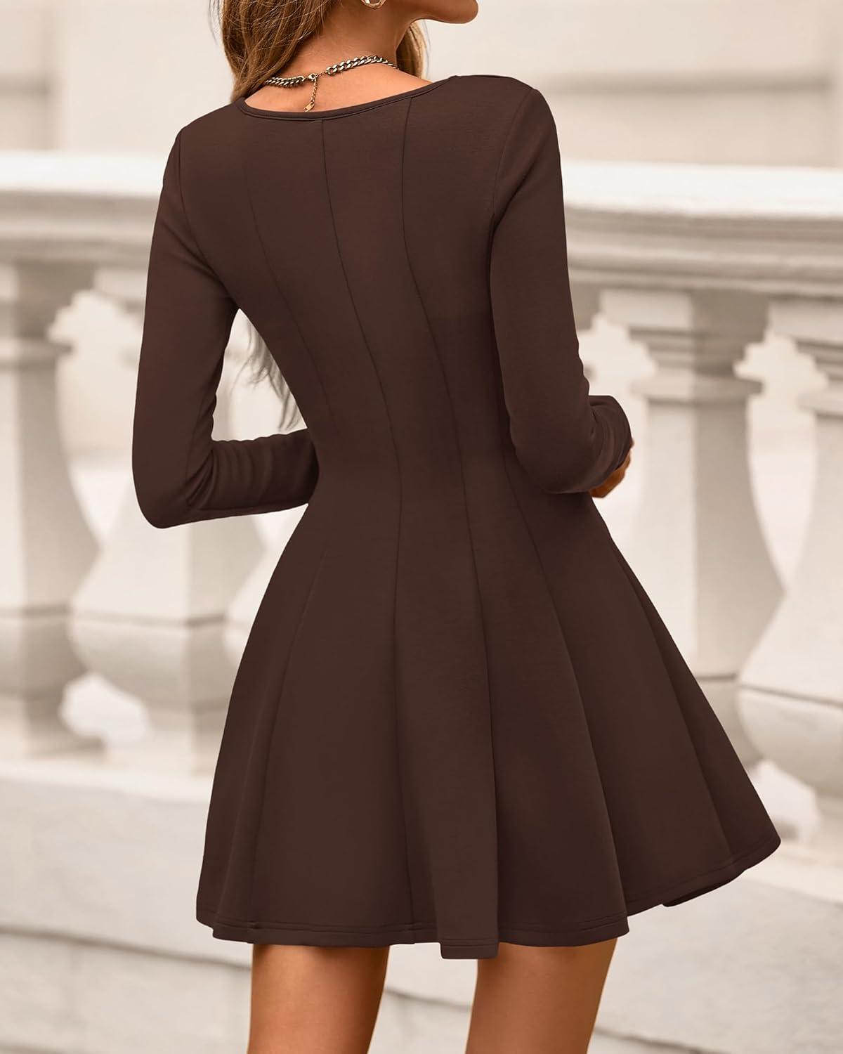 imageBTFBM Square Neck Dress for Women Casual Spring Long Sleeve Knit Pleated Elegant Classy 2026 Fall Cocktail Mini DressesBrown