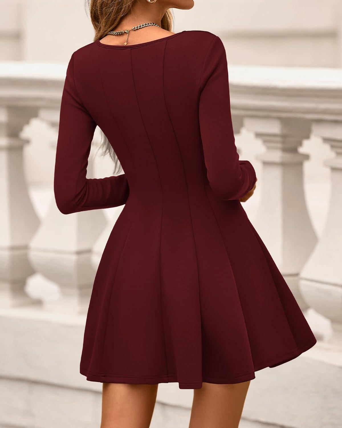 imageBTFBM Square Neck Dress for Women Casual Spring Long Sleeve Knit Pleated Elegant Classy 2026 Fall Cocktail Mini DressesBurgundy