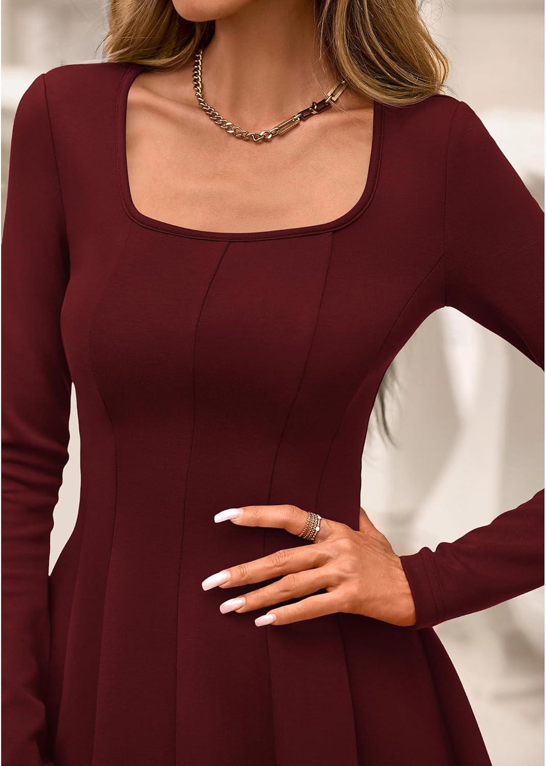 imageBTFBM Square Neck Dress for Women Casual Spring Long Sleeve Knit Pleated Elegant Classy 2026 Fall Cocktail Mini DressesBurgundy