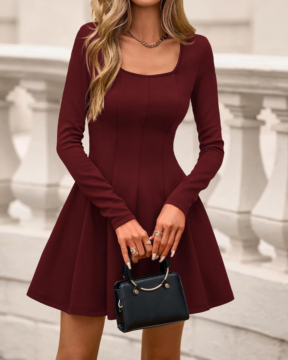 imageBTFBM Square Neck Dress for Women Casual Spring Long Sleeve Knit Pleated Elegant Classy 2026 Fall Cocktail Mini DressesBurgundy