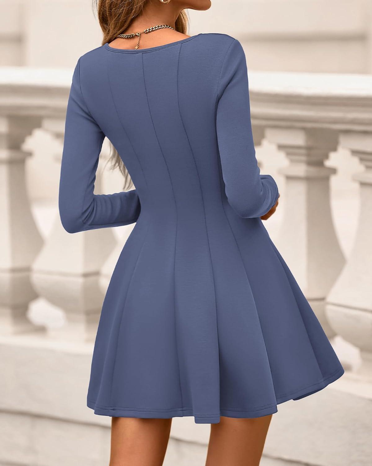 imageBTFBM Square Neck Dress for Women Casual Spring Long Sleeve Knit Pleated Elegant Classy 2026 Fall Cocktail Mini DressesDark Grey Blue