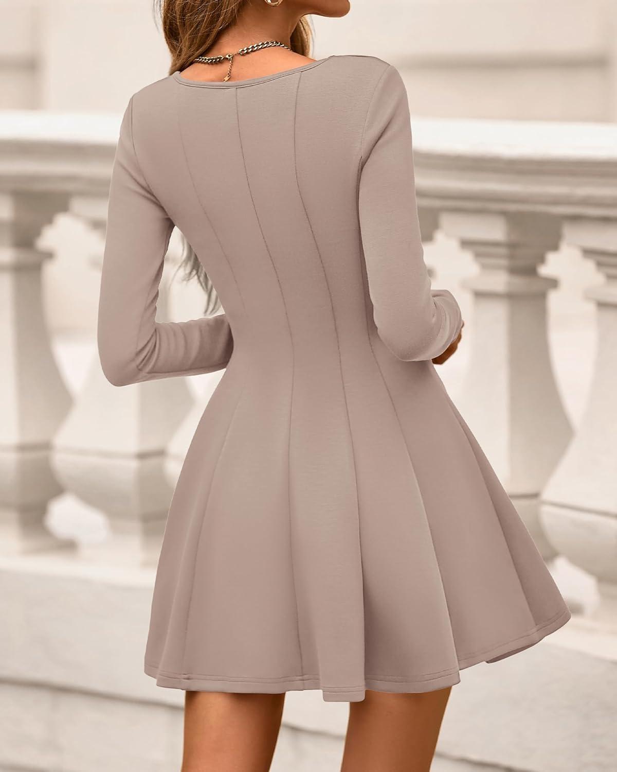 imageBTFBM Square Neck Dress for Women Casual Spring Long Sleeve Knit Pleated Elegant Classy 2026 Fall Cocktail Mini DressesKhaki