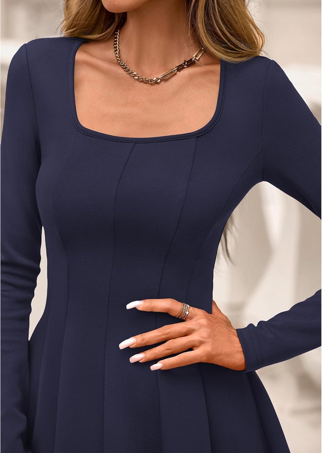imageBTFBM Square Neck Dress for Women Casual Spring Long Sleeve Knit Pleated Elegant Classy 2026 Fall Cocktail Mini DressesNavy