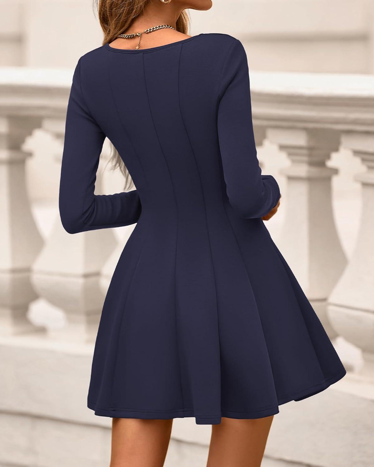 imageBTFBM Square Neck Dress for Women Casual Spring Long Sleeve Knit Pleated Elegant Classy 2026 Fall Cocktail Mini DressesNavy