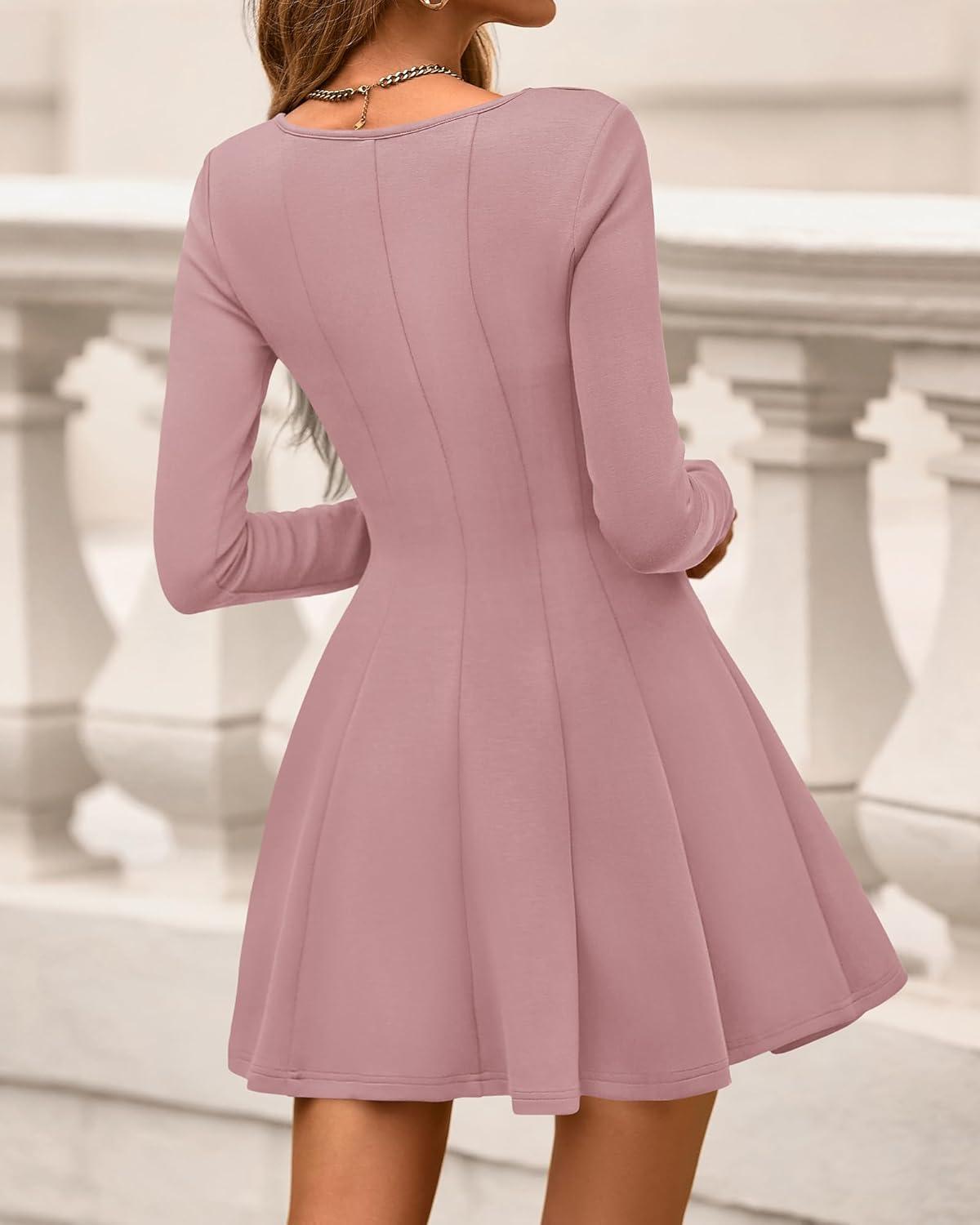 imageBTFBM Square Neck Dress for Women Casual Spring Long Sleeve Knit Pleated Elegant Classy 2026 Fall Cocktail Mini DressesPink