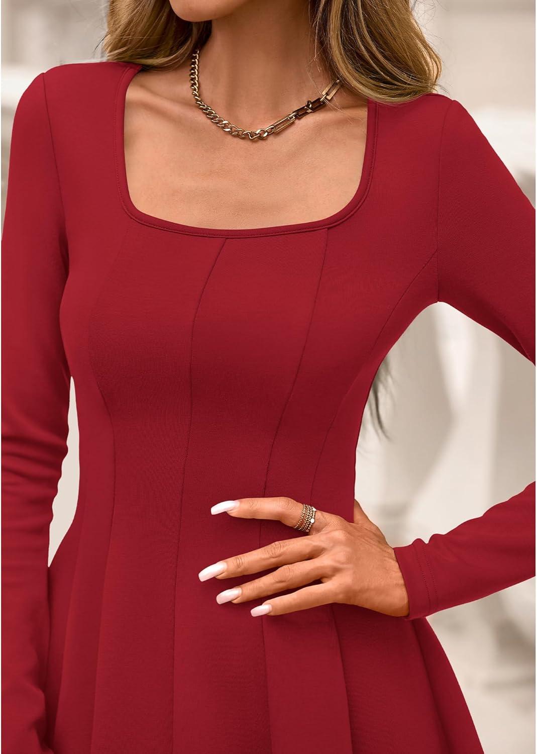 imageBTFBM Square Neck Dress for Women Casual Spring Long Sleeve Knit Pleated Elegant Classy 2026 Fall Cocktail Mini DressesRed
