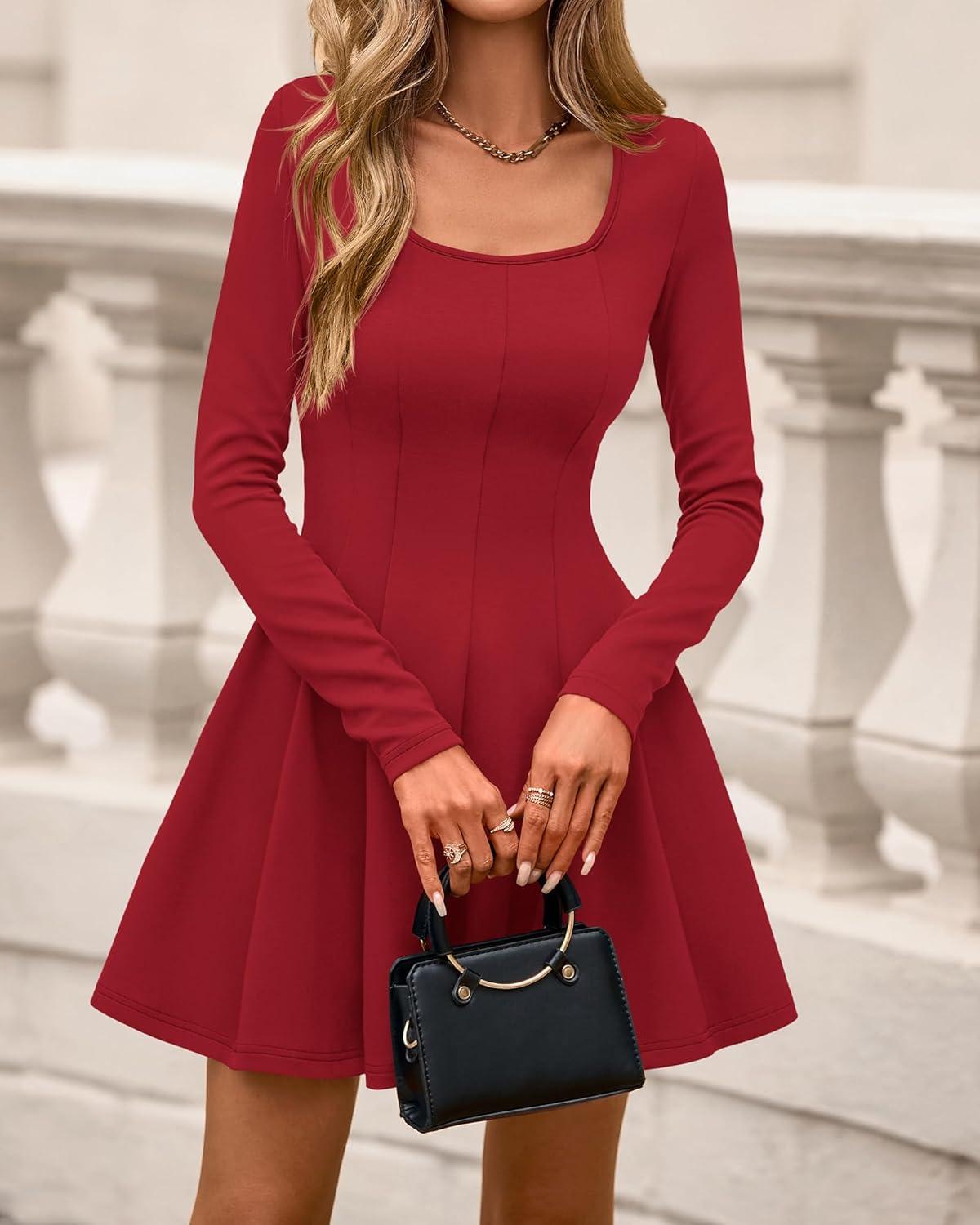 imageBTFBM Square Neck Dress for Women Casual Spring Long Sleeve Knit Pleated Elegant Classy 2026 Fall Cocktail Mini DressesRed