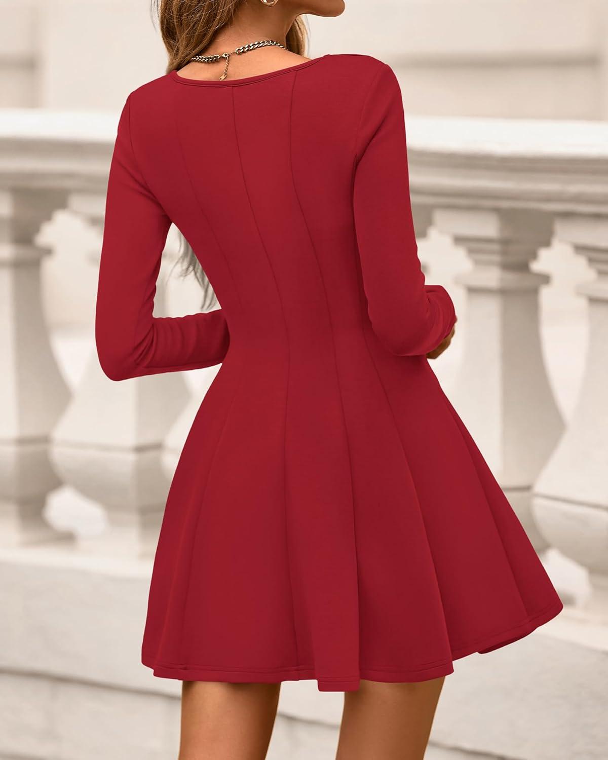 imageBTFBM Square Neck Dress for Women Casual Spring Long Sleeve Knit Pleated Elegant Classy 2026 Fall Cocktail Mini DressesRed