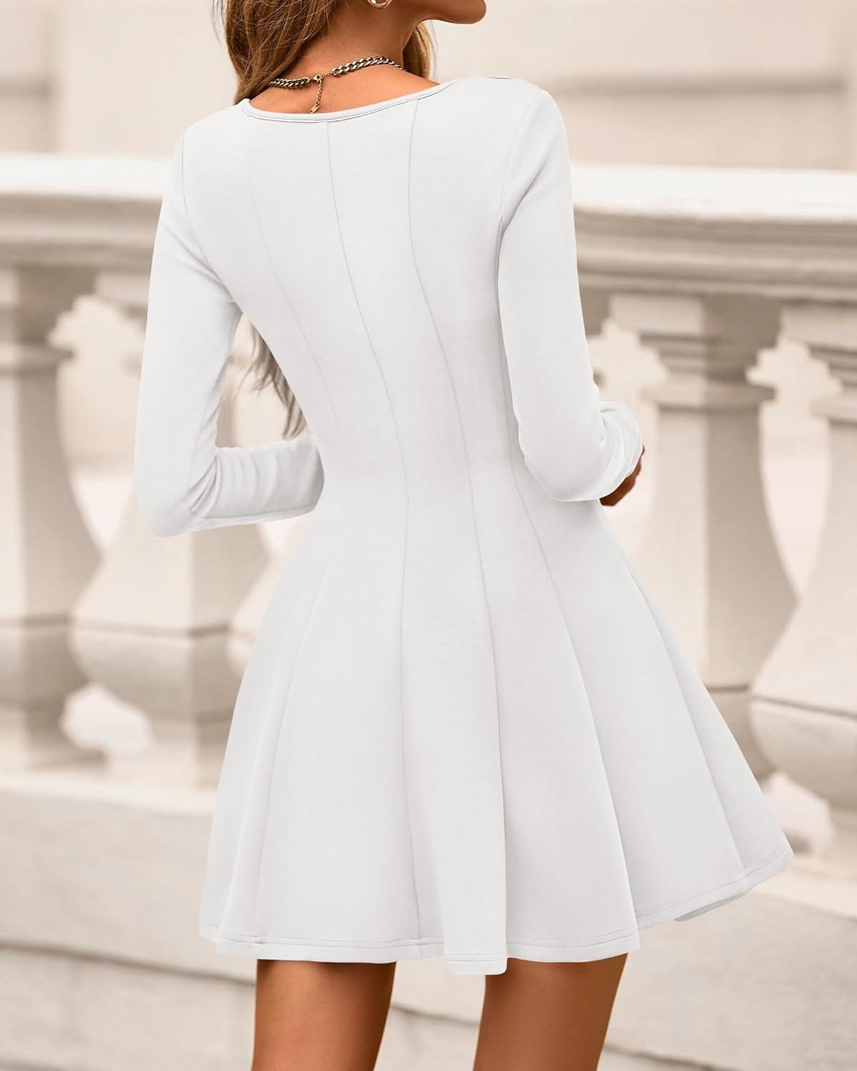 imageBTFBM Square Neck Dress for Women Casual Spring Long Sleeve Knit Pleated Elegant Classy 2026 Fall Cocktail Mini DressesWhite
