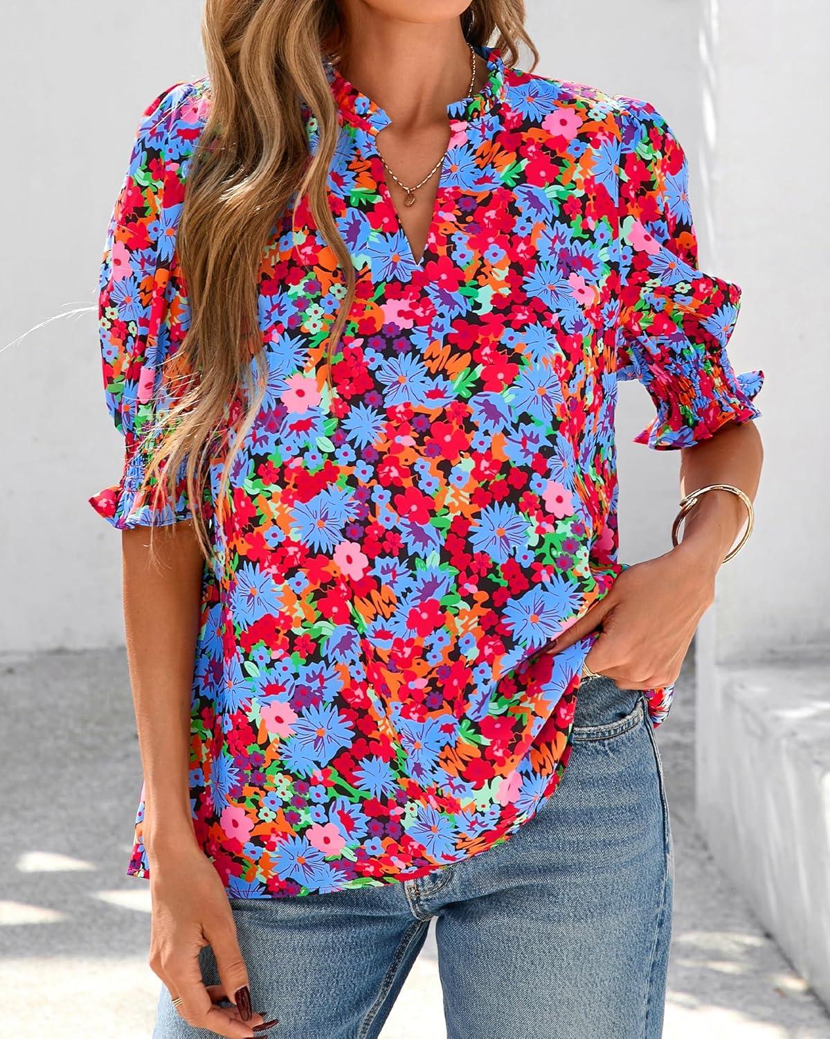 imageBTFBM Summer Blouses for Women Dressy Casual 2026 Fashion Spring Tops Floral Boho V Neck Puff Short Sleeve Top ShirtsFloral Black Multi