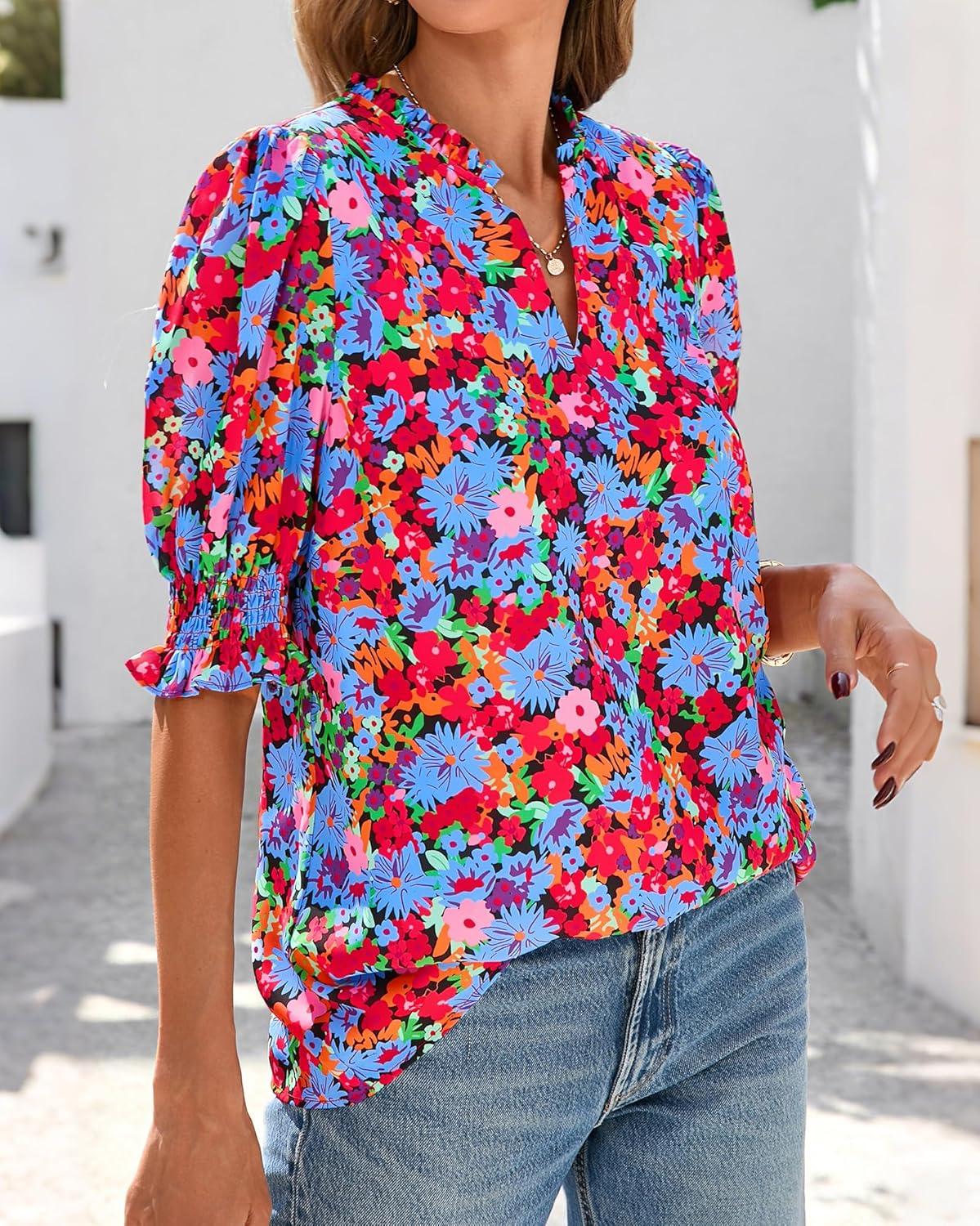 imageBTFBM Summer Blouses for Women Dressy Casual 2026 Fashion Spring Tops Floral Boho V Neck Puff Short Sleeve Top ShirtsFloral Black Multi