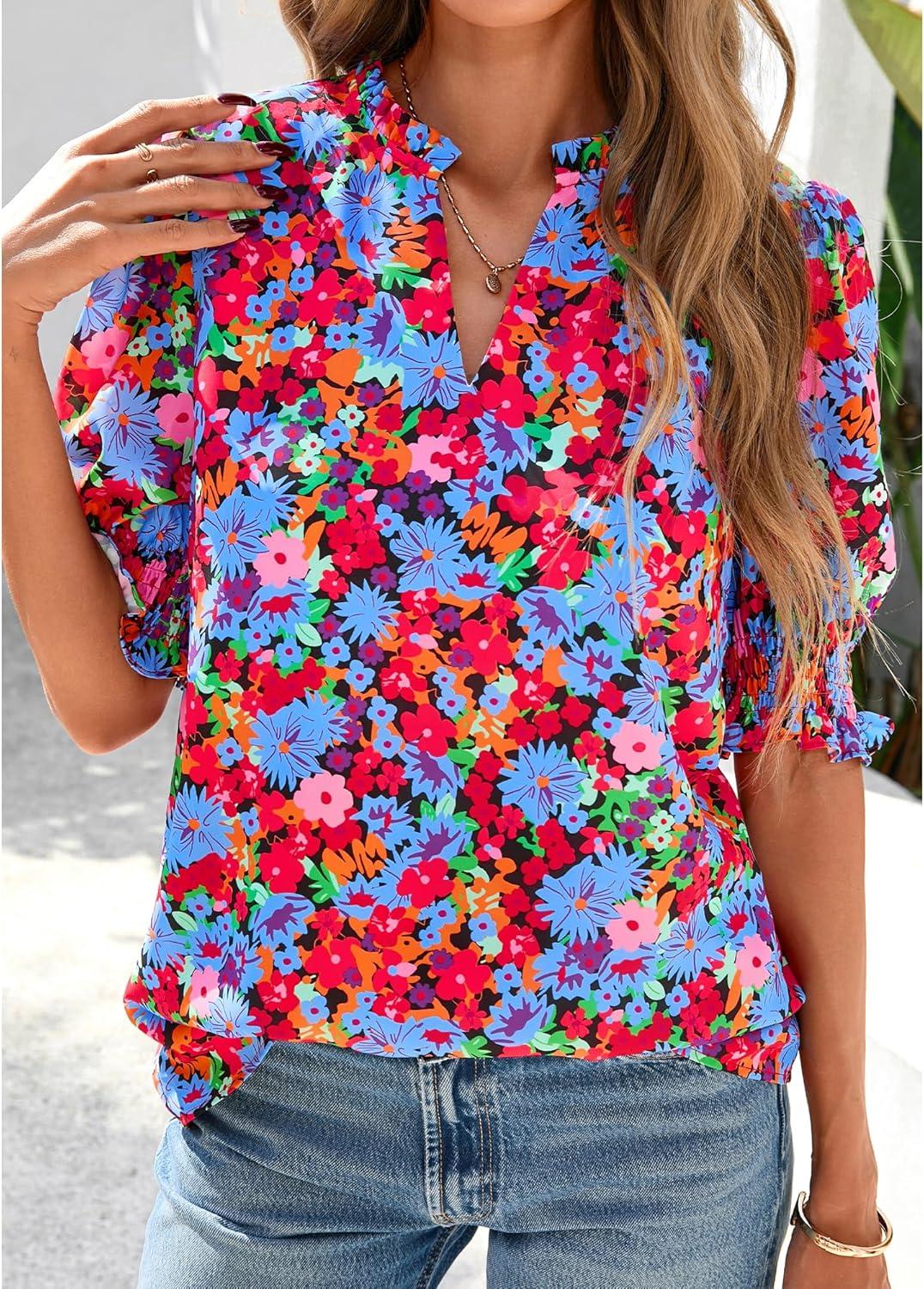imageBTFBM Summer Blouses for Women Dressy Casual 2026 Fashion Spring Tops Floral Boho V Neck Puff Short Sleeve Top ShirtsFloral Black Multi