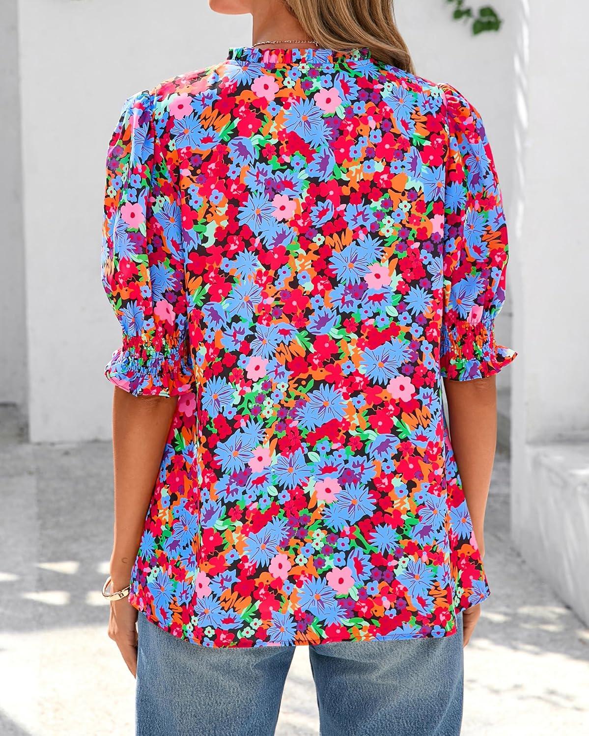imageBTFBM Summer Blouses for Women Dressy Casual 2026 Fashion Spring Tops Floral Boho V Neck Puff Short Sleeve Top ShirtsFloral Black Multi