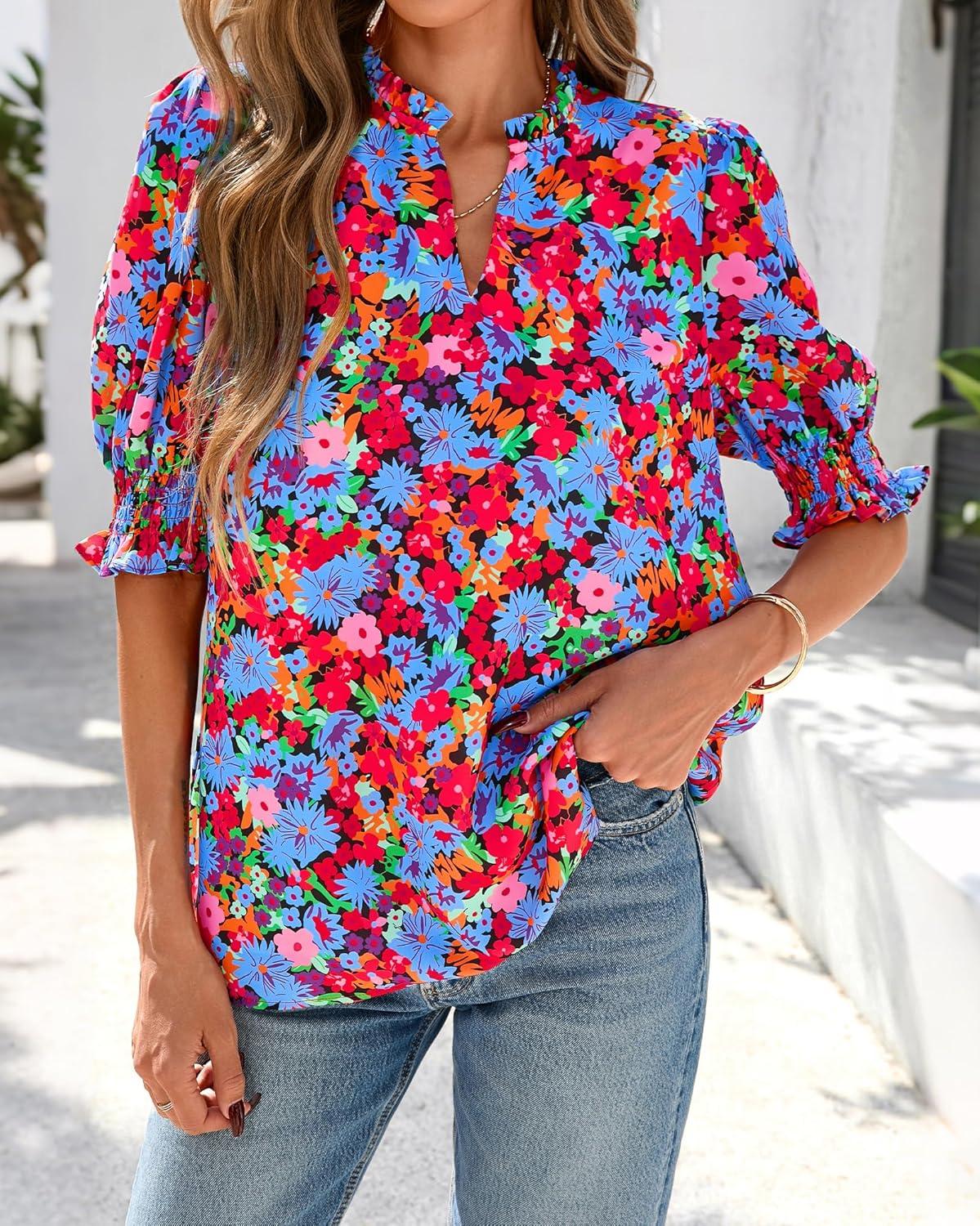 imageBTFBM Summer Blouses for Women Dressy Casual 2026 Fashion Spring Tops Floral Boho V Neck Puff Short Sleeve Top ShirtsFloral Black Multi