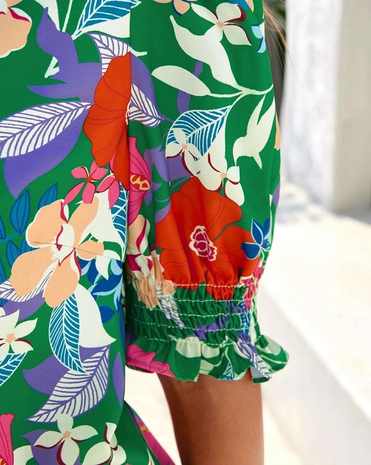 imageBTFBM Summer Blouses for Women Dressy Casual 2026 Fashion Spring Tops Floral Boho V Neck Puff Short Sleeve Top ShirtsFloral Green Multi