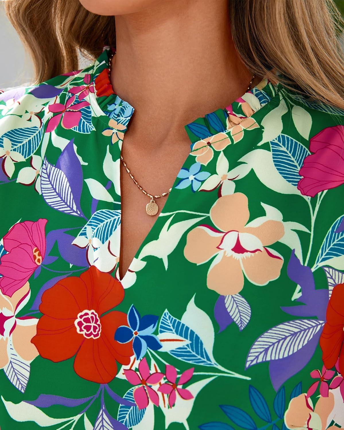 imageBTFBM Summer Blouses for Women Dressy Casual 2026 Fashion Spring Tops Floral Boho V Neck Puff Short Sleeve Top ShirtsFloral Green Multi
