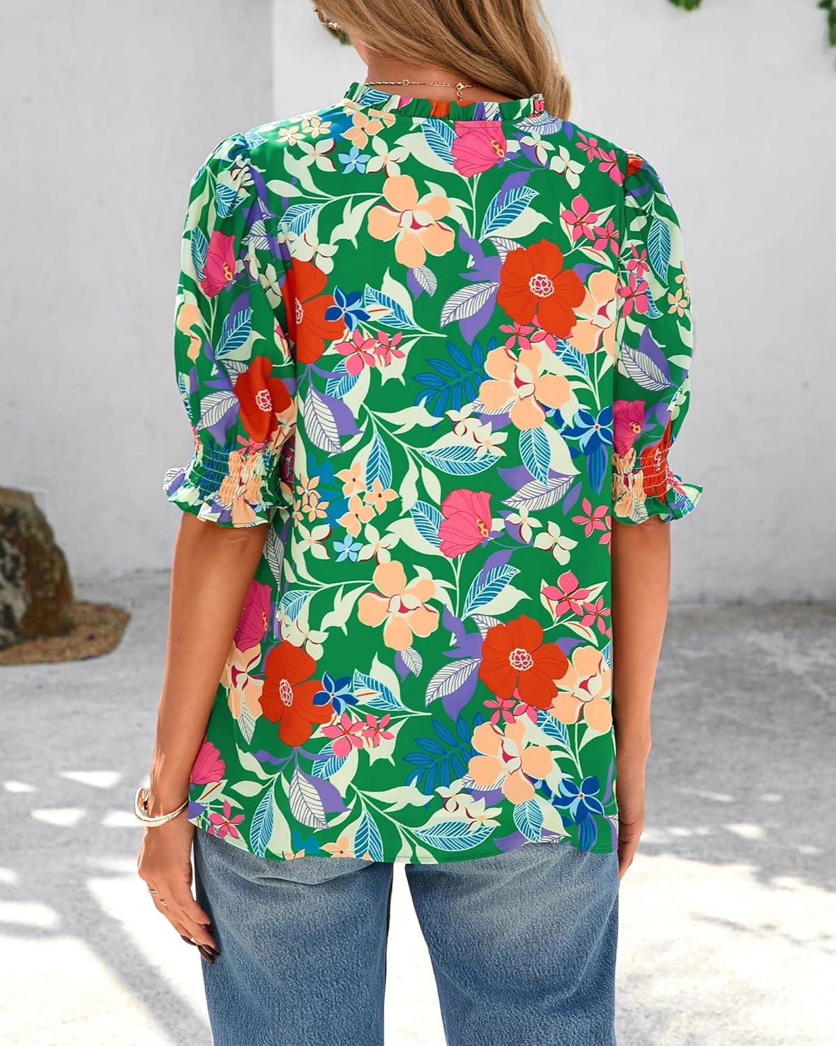 imageBTFBM Summer Blouses for Women Dressy Casual 2026 Fashion Spring Tops Floral Boho V Neck Puff Short Sleeve Top ShirtsFloral Green Multi