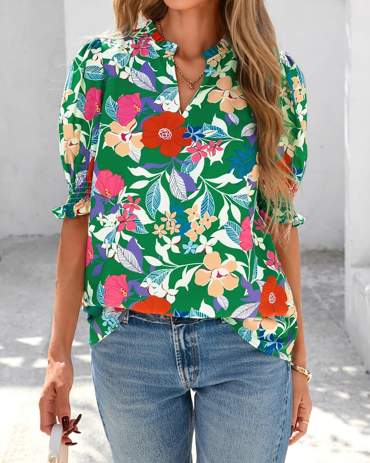 imageBTFBM Summer Blouses for Women Dressy Casual 2026 Fashion Spring Tops Floral Boho V Neck Puff Short Sleeve Top ShirtsFloral Green Multi