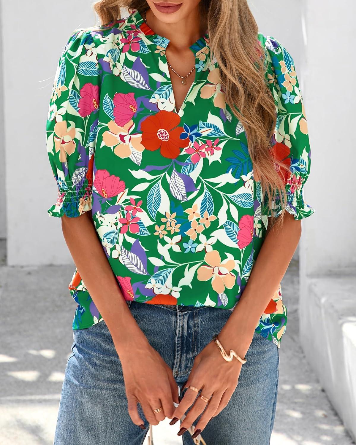 imageBTFBM Summer Blouses for Women Dressy Casual 2026 Fashion Spring Tops Floral Boho V Neck Puff Short Sleeve Top ShirtsFloral Green Multi